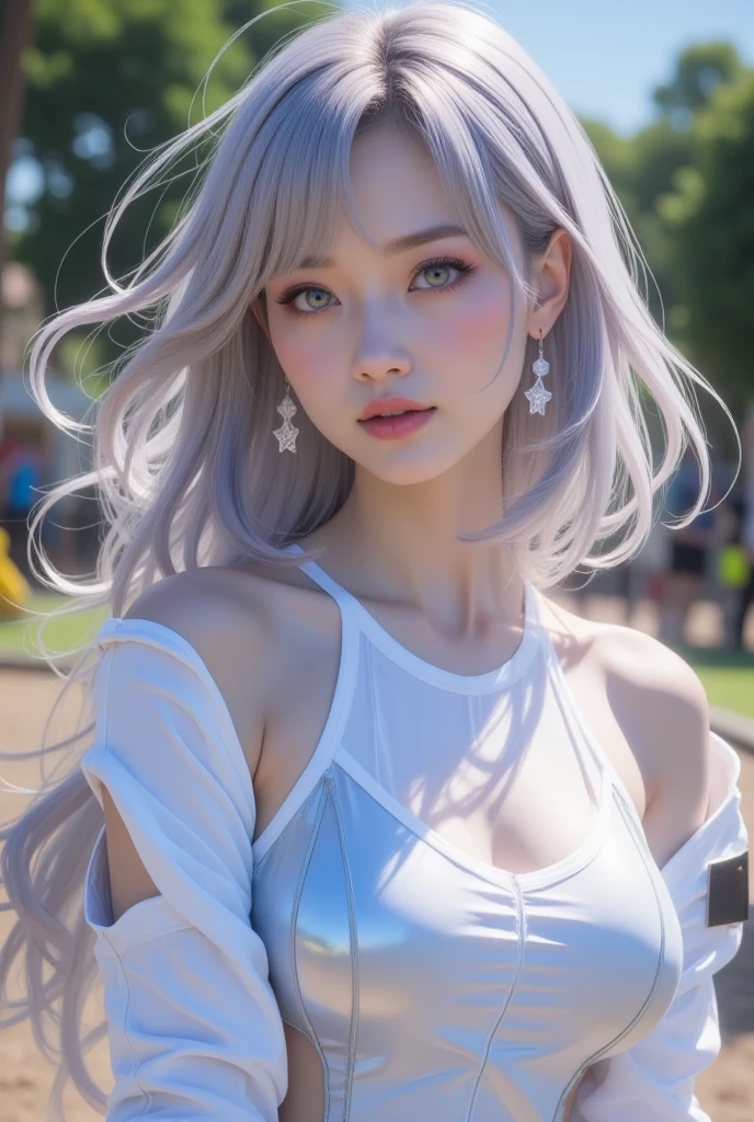 ( top quality,  highest resolution, 8k,  realistic, Real person ,  good ,  precise body structure, Precise hands, Precise hands가락,  perfect photo ), 18 year old girl, Silver hair , silver eyes ,  transparent skin, Lovely Lips, Slightly sticking out tongue, Hair that goes down to the waist,  beautiful , I'm playing soccer on the playground. Many people cheer .