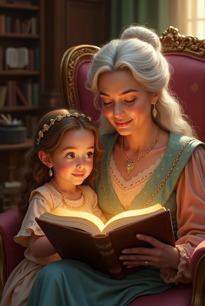 big breast queen reading a book to the princess in bed, cute birds , fairytale