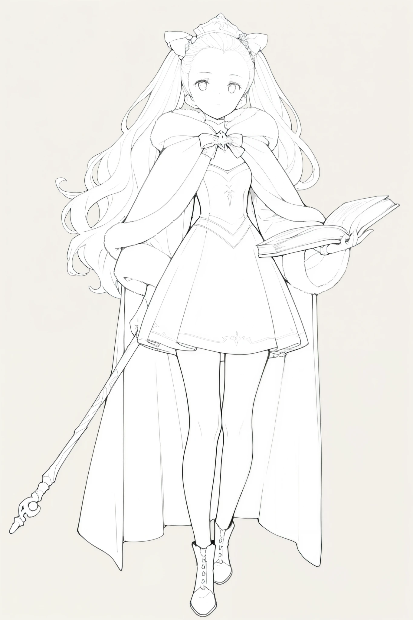 masterpiece, best quality, good quality, very awa, newest, highres, absurdres, greyscale, monochrome, line art, lineart, Timbrook
masterpiece, best quality, good quality, very awa, newest, highres, absurdres, four fingers and a thumb, fabula-ultima, 1girl, solo, book, long hair, holding, cowboy shot, pantyhose, simple background, staff, dress, cape, hair ornament, standing, fur trim, open book, holding book, bow, white dress, white pantyhose, looking at viewer, forehead, boots, detailed cloth folds, intricate details,