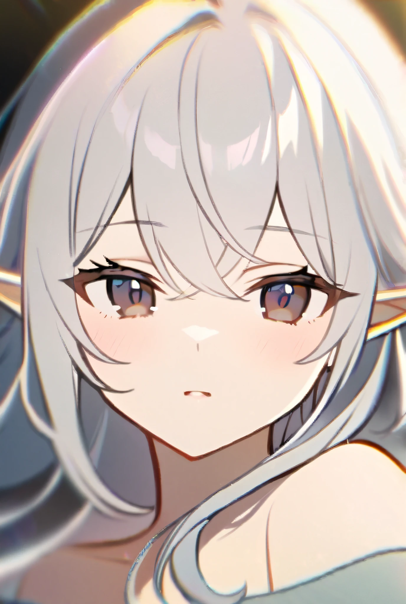 1 girl, long hair, dark eyes、 Silver Hair、off-the-shoulder white knit、 elf ears