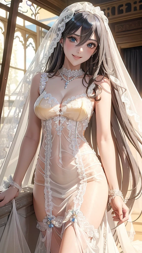 (Details of a very beautiful face), (Best Quality:1.4), 8K resolution, High resolution, 1woman, Beautiful woman, Beautiful woman of the highest grade, Super beautiful detailed face, Gloss on lips, Parted lips, (Wedding dress with wide open chest:1.25), mini skirt, white stockings, white garter belt, Large breasts, thin waist, Large ass, squat, spread legs, happy smile, sky