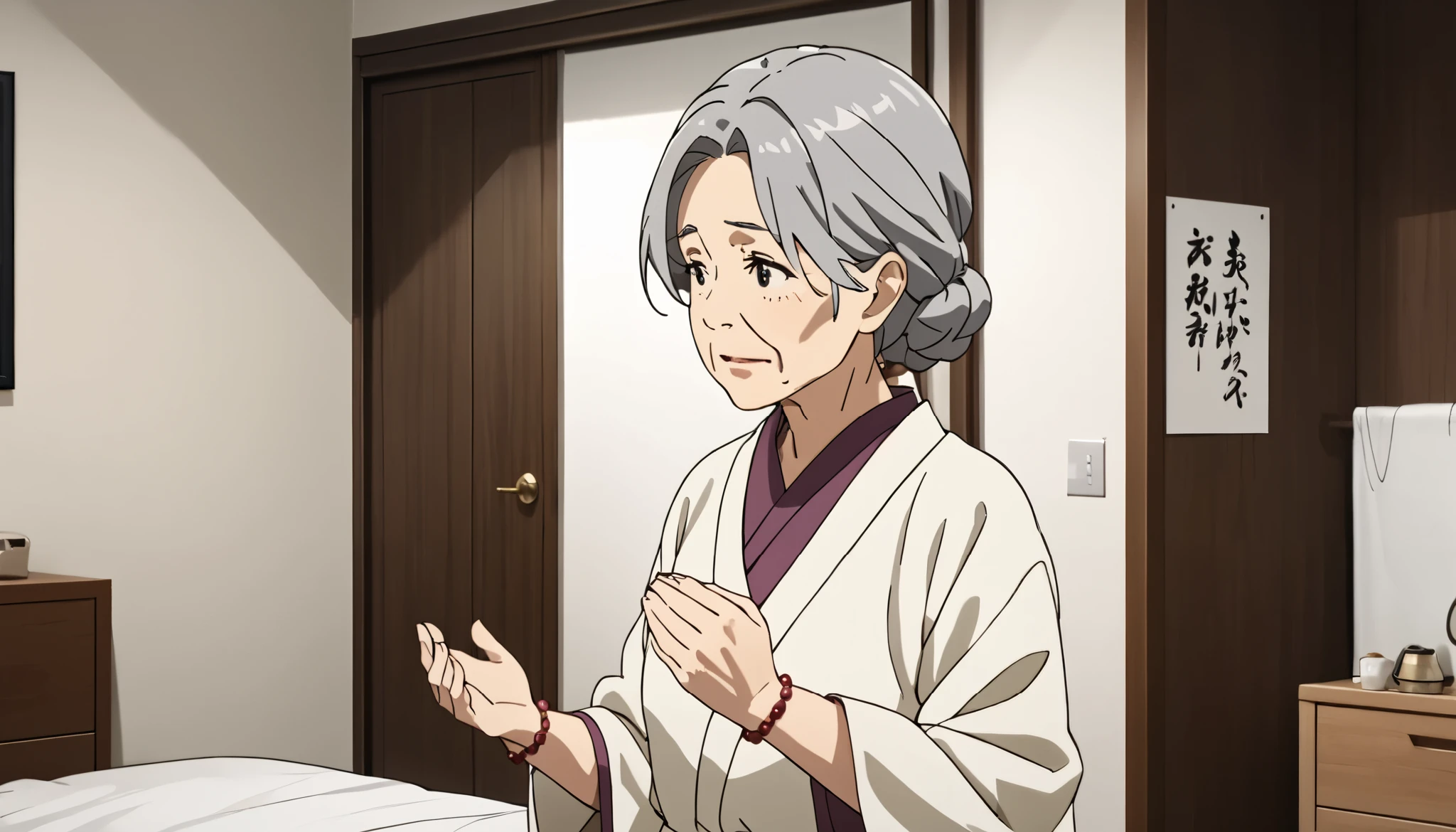 older woman 、 is thin、 Low、 white kimono、Prayer beads、 apartment bedroom 、I'm looking at this and talking、 real 、 High precision