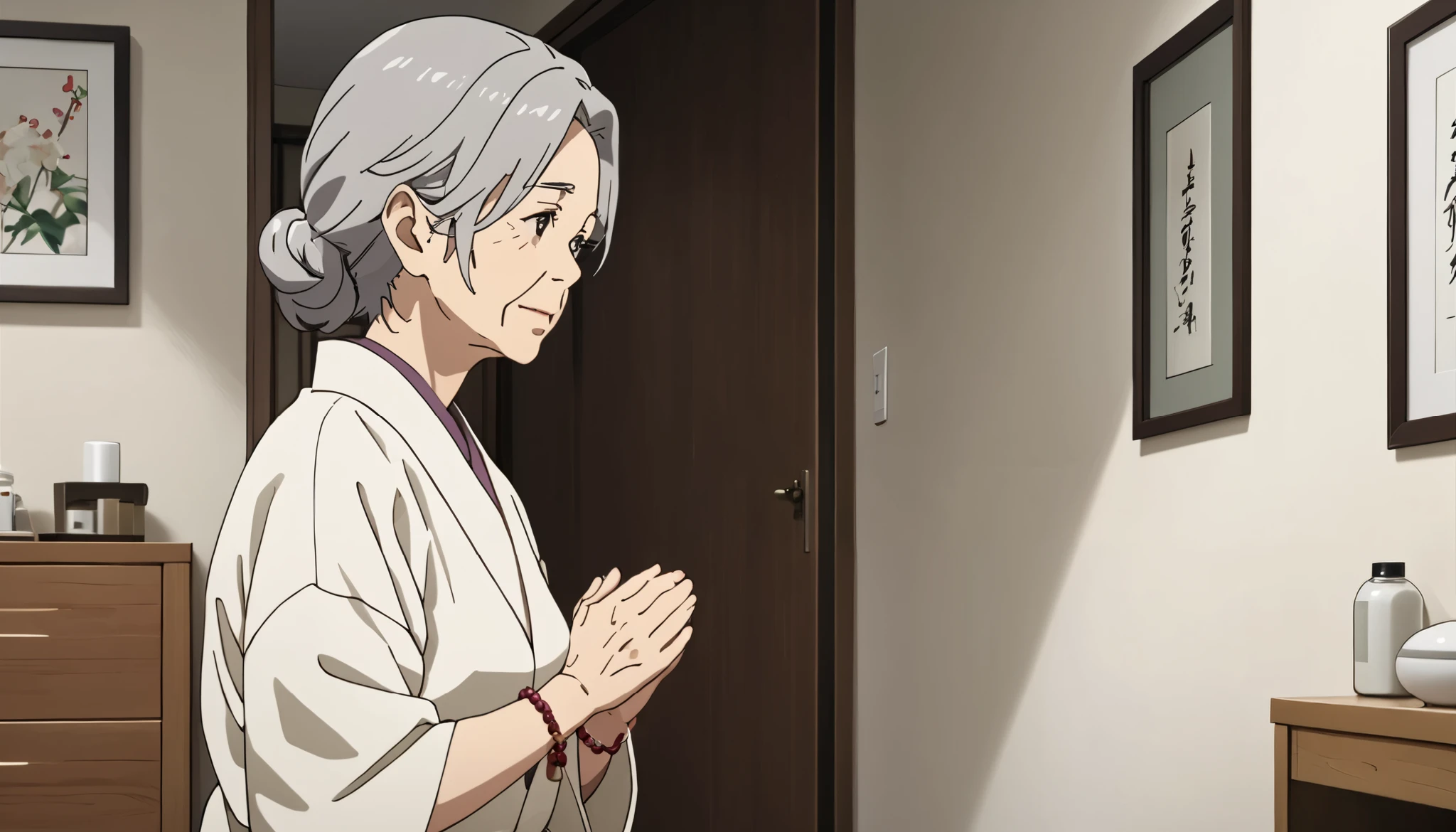 older woman 、 is thin、 Low、 white kimono、Prayer beads、 apartment bedroom 、I'm looking at this and talking、 real 、 High precision
