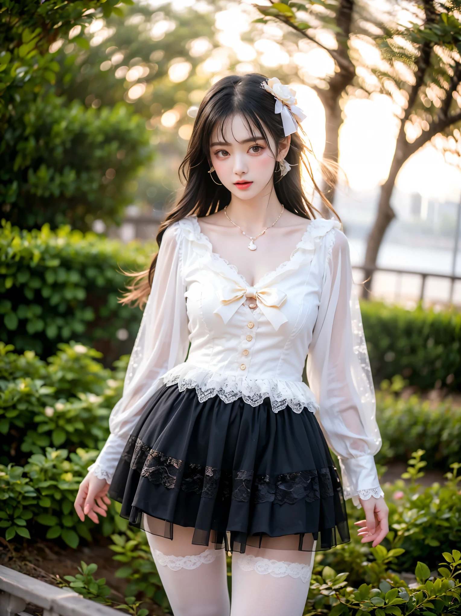 (nsfw), sexy stylish Thai model, only 1 female, ((doll-like appearance)), short Auburn stylish hair, ((shiny Victorian-Style boots)), (big smile), ultra detailed eyes, vivid eye makeup, lipgloss, long lashes, defined eyebrows, ((sexy Paradise Kiss cosplay)), bell-shaped skirt, petticoats, high neckline, puffed sleeves, ((ultra detailed lace)), ((ultra detailed embroidery)), intricate details, Paradise Kiss accessoires and matching headpiece, choker, ((large sparkling Paradise Kiss jewelry)), cinematic light, detailed large park background with trees