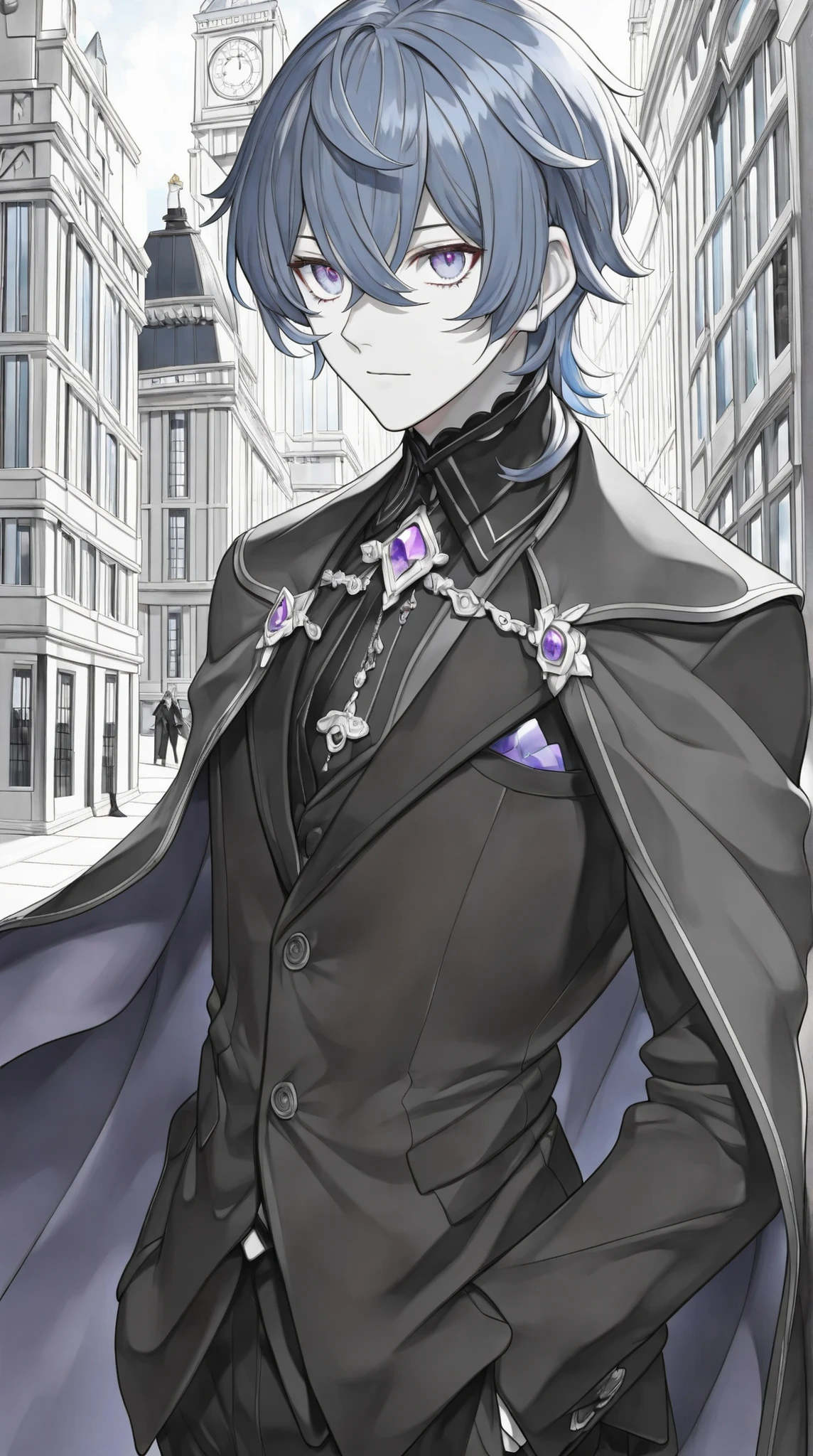 male, ultra-detailed, magical and intelligent, wearing a gothic black suit and cape, grey skin, very long dark blue hair, illuminesent violet eyes, (male focus), masculine, London city background, ((solo)), centered, studio lighting, (((Masterpiece))),absurdres