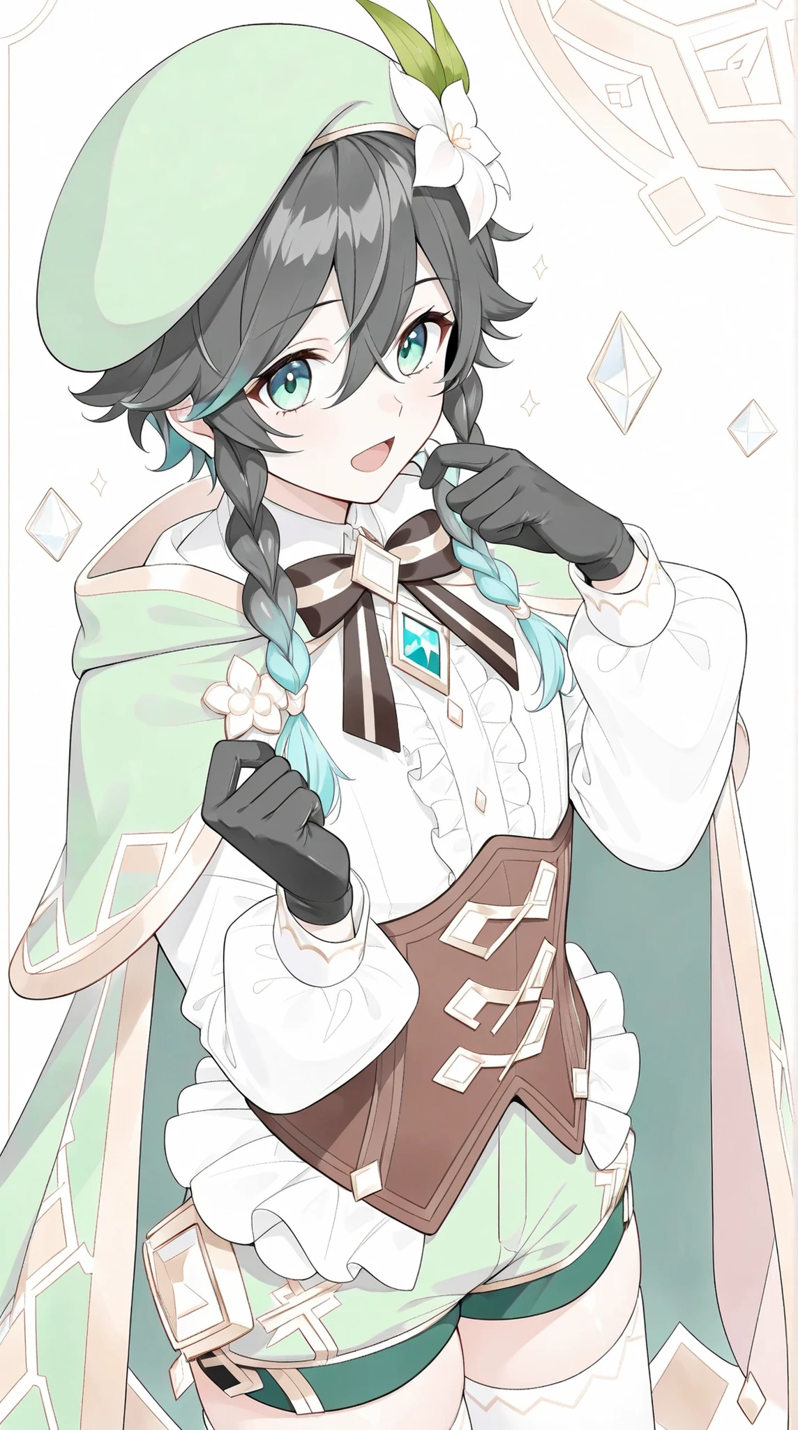 male, Venti Genshin Impact, short black hair,twin braids with aqua tips, aqua green eyes, gloves, solo, green beret hat, black gloves, frilly white top, brown corset, green shorts with gold embroidery, green cape, white stockings with ornate diamond shapes, open mouth, bow, hair between eyes, 1boy, black hair, upper body, flower, male focus