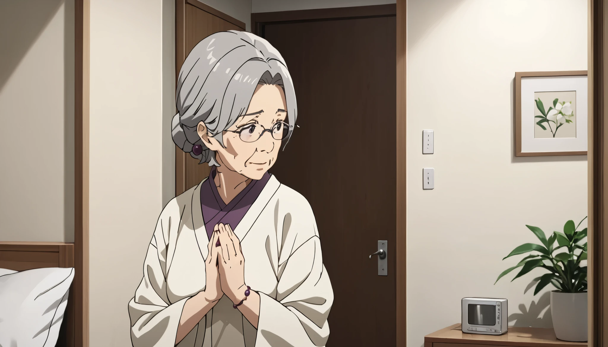 older woman 、 is thin、 Low、 white kimono、Prayer beads、 apartment bedroom 、I'm looking at this and talking、 real 、 High precision