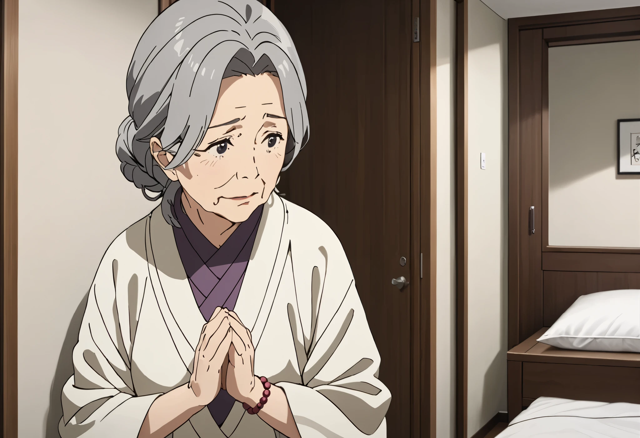 older woman 、 is thin、 Low、 white kimono、Prayer beads、 apartment bedroom 、I'm looking at this and talking、 real 、 High precision