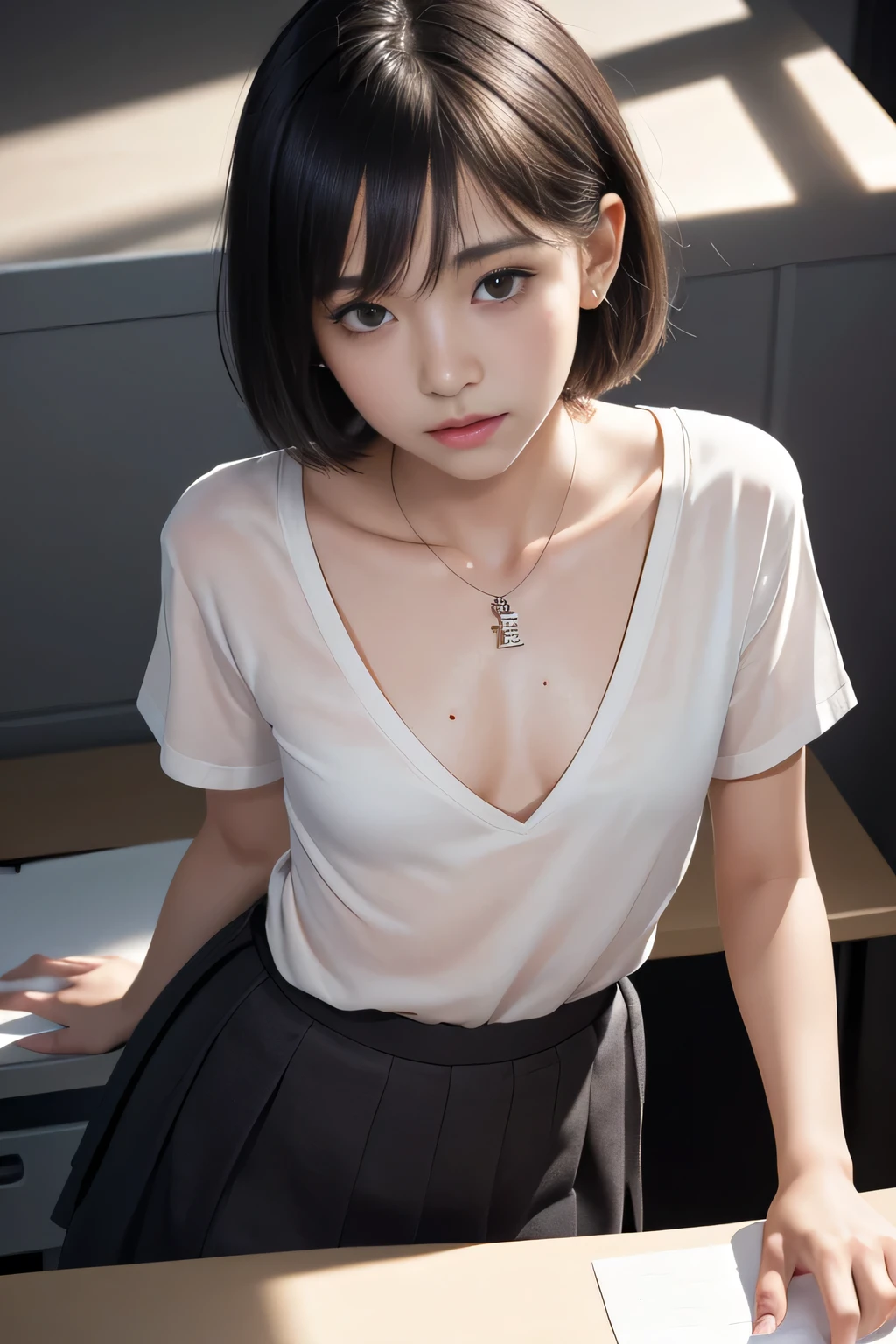 Japanese high school girl, thoracic,((( small breasts))),(slender) , (( )), (((( lean forward, sign in at desk memo)))), With laughing friends, in classroom,(( close)), ( from above:1.1), upper body, necklace , short sleeve blouse , short hair ,8k, best quality, masterpiece, super high resolution , ( realism: 1.4), original photo , ( real skin texture : 1.3)、 YOUNGFACE、 young body、((Long Skirt)) ,( masterpiece:1.2, best quality), ( very well detailed:1.3), one girl, short hair , in classroom ,Bright office room 、 computer、 looking down 、Houseplants