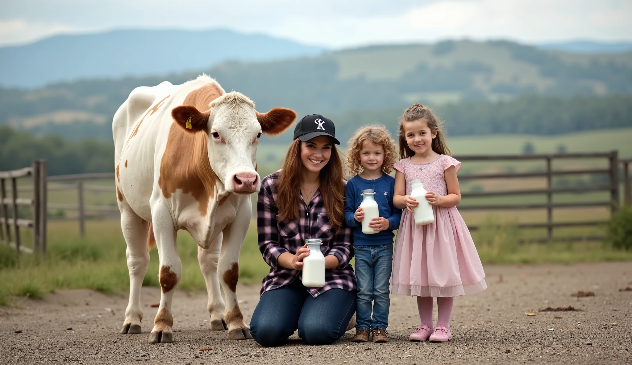 A young girl with brown hair in a blue sleeveless dress, smiling and posing closely with a brown calf wearing a harness. They are outdoors on a sunny day, with a blue sky and some structures faintly visible in the background. The photograph captures a moment of connection and warmth between the girl and the calf