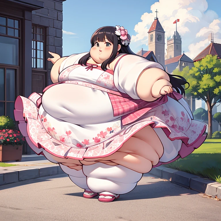 masterpiece,  best quality of wells, Advanced Details,  very obese ,  girls on the left,  cute, Standing on the floor,  very obese ,  My stomach is very sticking out, very big legs , white floral dress,  full body,  long hair, anime, 