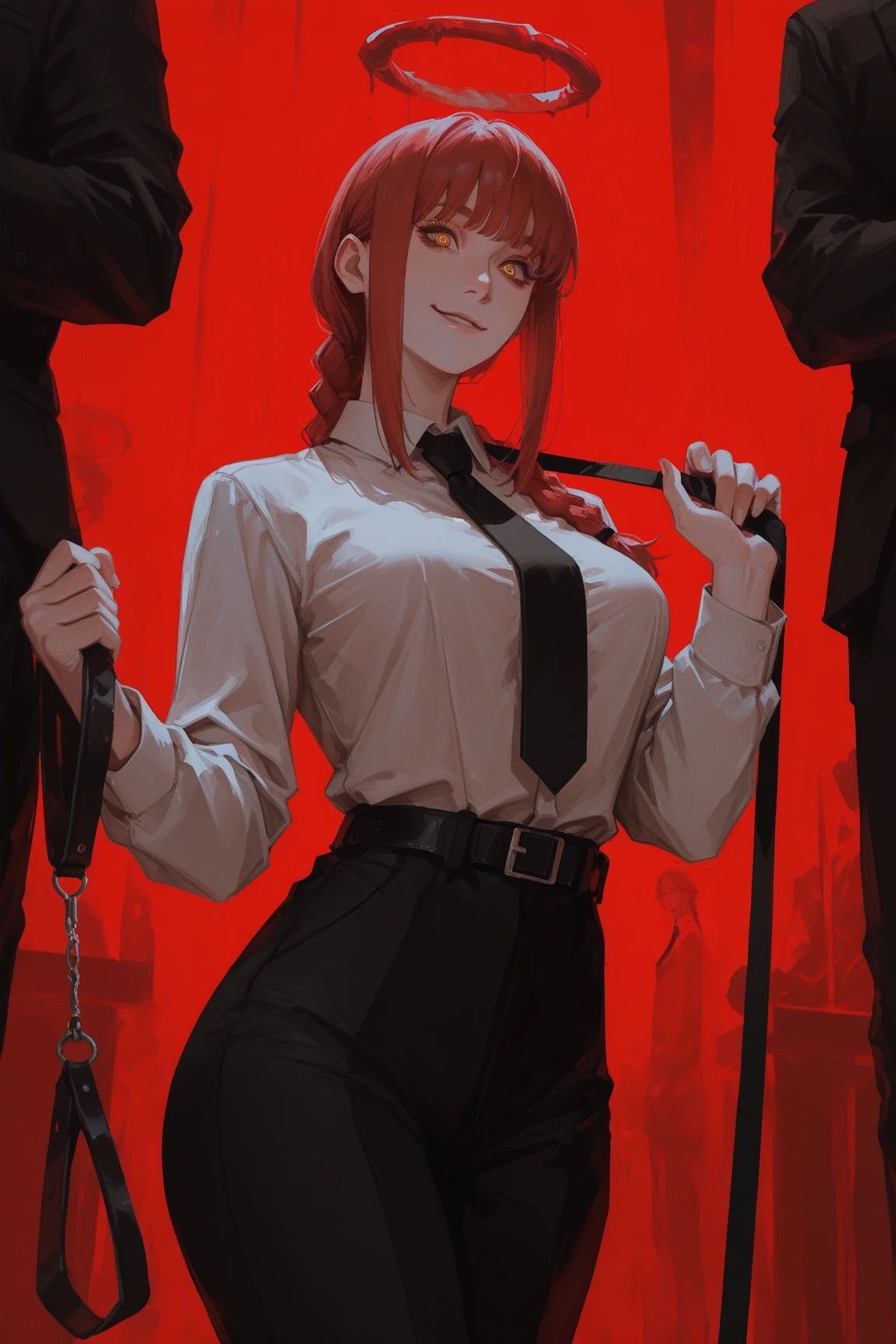 bound arms, Behind the arm, A high resolution, HighestQuali, illustratio, ultra - detailed, (详细的脸), (Detailed eyes),Best quality at best, ultra - detailed, tmasterpiece,1girll,Cord,Bondage,BDSM,gag,tape gag,horrified expression,Barefoot,struggling,perspire,Hands and feet are tied,In a dimly lit basement,makima \(chainsawman\),(red hair)+(long braid)+(By bangs),Yellow eyes,Golden eyes, eye socket, white shirt, (tiese),black long pants