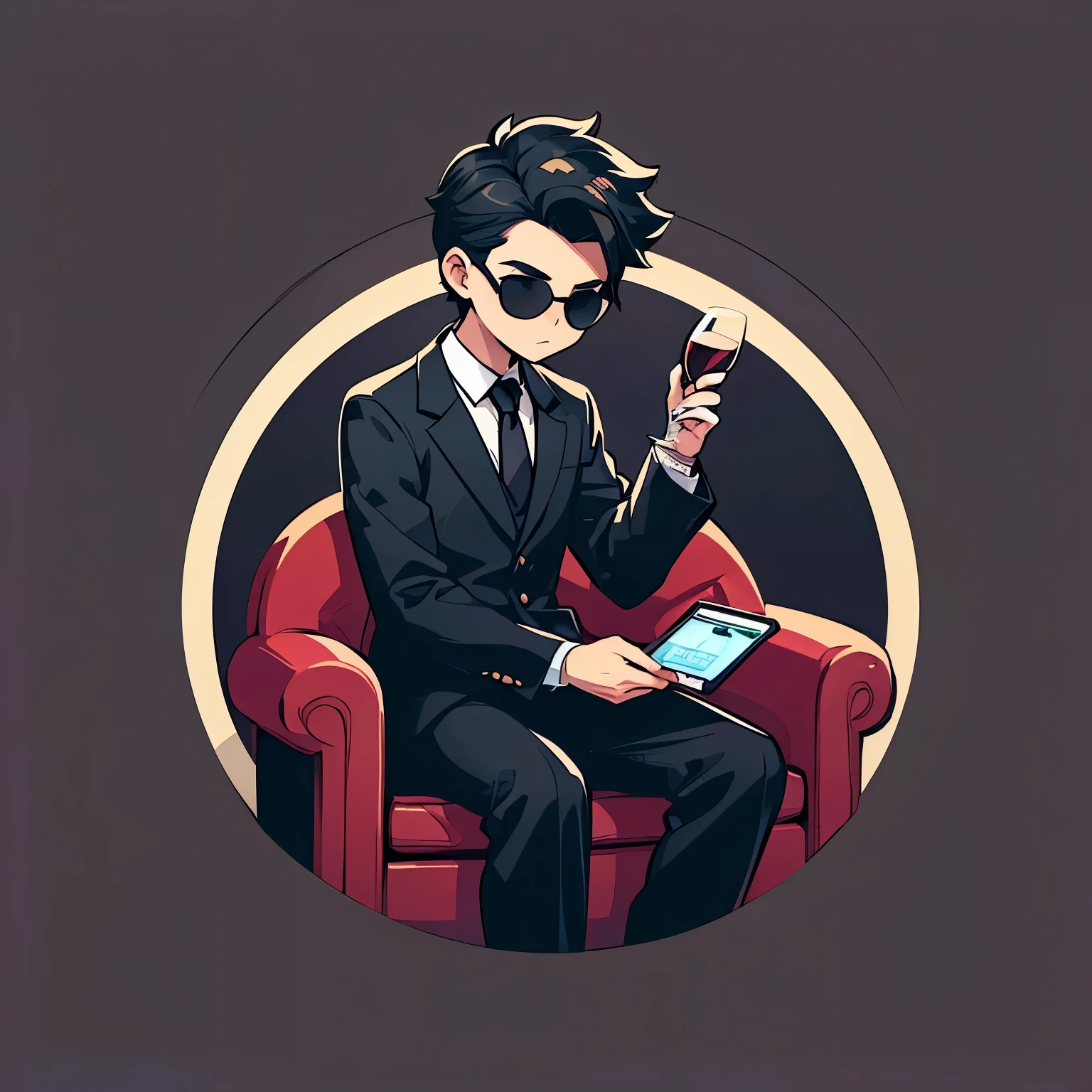 ((masterpiece)), (( the best quality )), Do a catman dressed in an elegant suit, he is sitting on a black leather armchair, He is a Siamese type cat, He wears gold-framed sunglasses and has a glass of wine in his hand and a lot of credit cards in the other.
