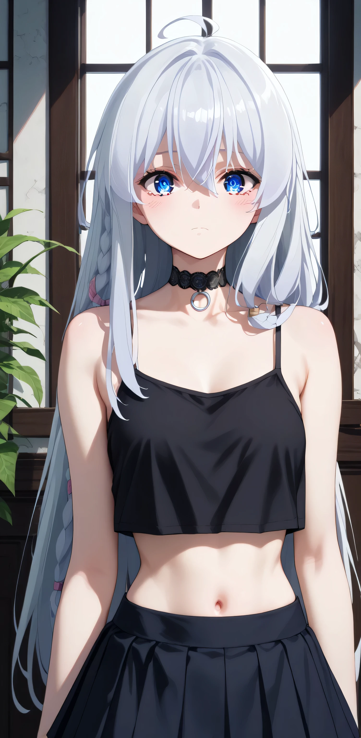upper body, elaina, anime style, Random Sexy pose , ((Ultra detailing)), (very aesthetic, best quality, ultra detailed), intricate details,
1girl, silver hair, blue eyes,((Detailed eyes)), ((Beautifull eyes)), ((prefect eyes)), sharp jawline, long hair, shy, Blush , ((Black Spaghetti strap, crop top overhang, choker, mini Skirts, stocking))