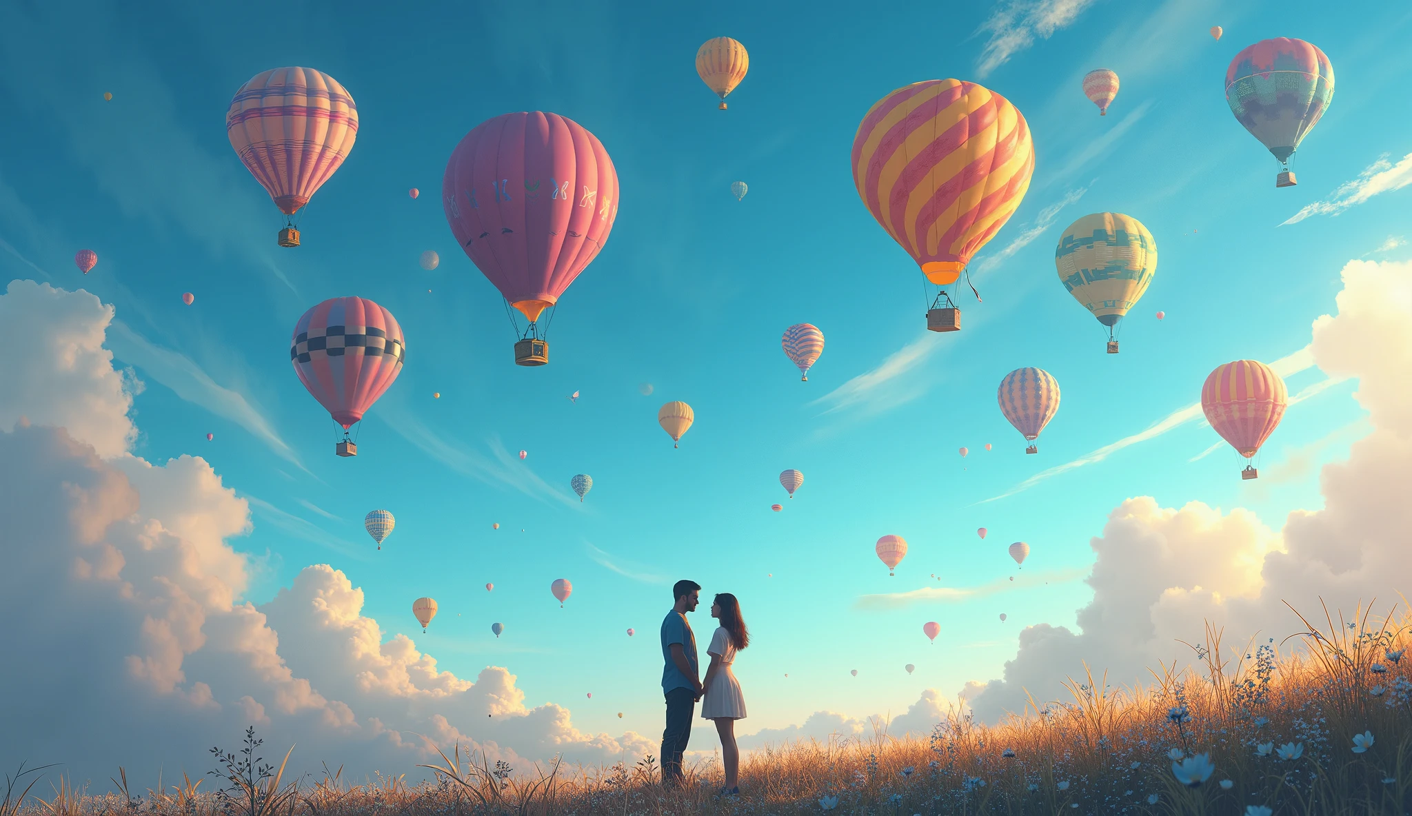 There are many balloons flying in the sky above a couple - SeaArt AI
