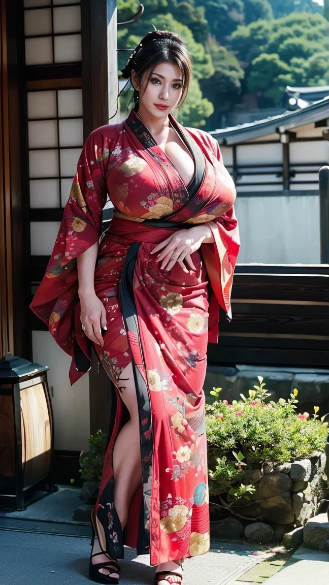 (masterpiece), best quality, expressive eyes, perfect face, Benisato, kunoichi, snakes tattooed, She is a tall and matured woman with a slender curvaceous build with long legs and arms, Although a ninja herself, Benisato has the appearance of a beautiful and seductive geisha, She has porcelain skin and long dark hair tied back in a coif with a hairpin and traditional comb, Benisato is covered in serpent tattoos that come alive when she uses her powers and will usually appear naked during a battle to throw off her male victims, She wears traditional Japanese geisha robes, full body, pants, long sleeves, vest, sandals, kimono, Hongli