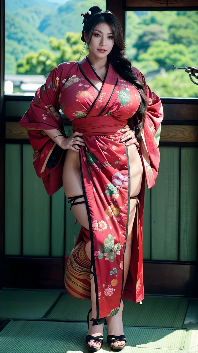 (masterpiece), best quality, expressive eyes, perfect face, Nico Robin in a Japanese Garden, (Japanese Garden background), (walking in the garden), (smirk), (closeup view), (1girl, Nico Robin face, dark skin, tanned skin, tan, black hair, geisha hairstyle, bun hairstyle, brown eyes, hourglass figure, thick body, curvy body, large breasts, huge breasts, oppai, large cleavage, wide hips, thick thighs, (black long kimono, red floral pattern, exposed cleavage, strapless, hairbow, heels),