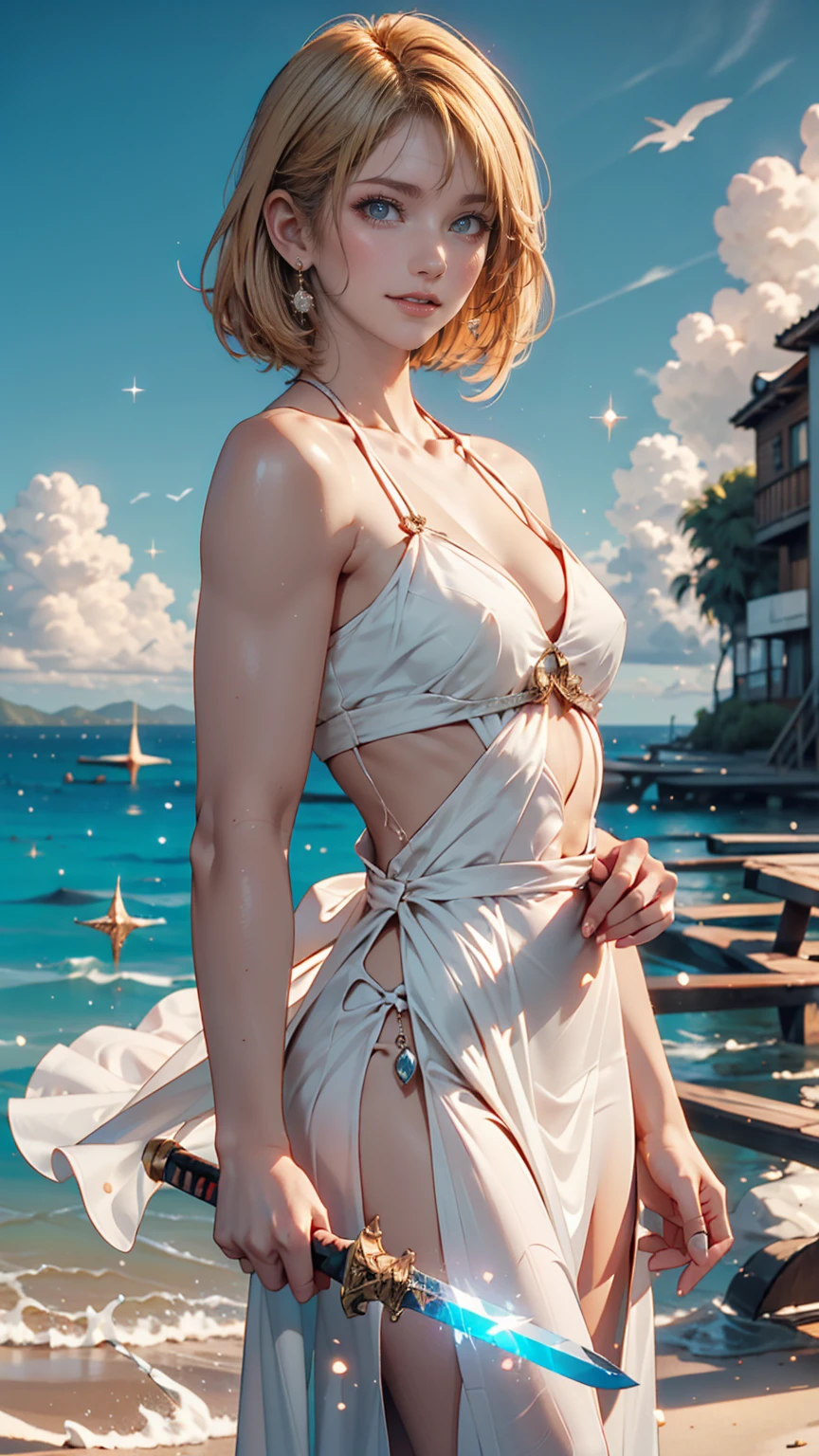 Mordred Pendragon, A high resolution, high qulity, tmasterpiece, mxmkWhiteDress, Bare shoulders, a purple eye, White dress, woven, impact, Beach shows her bare feet,