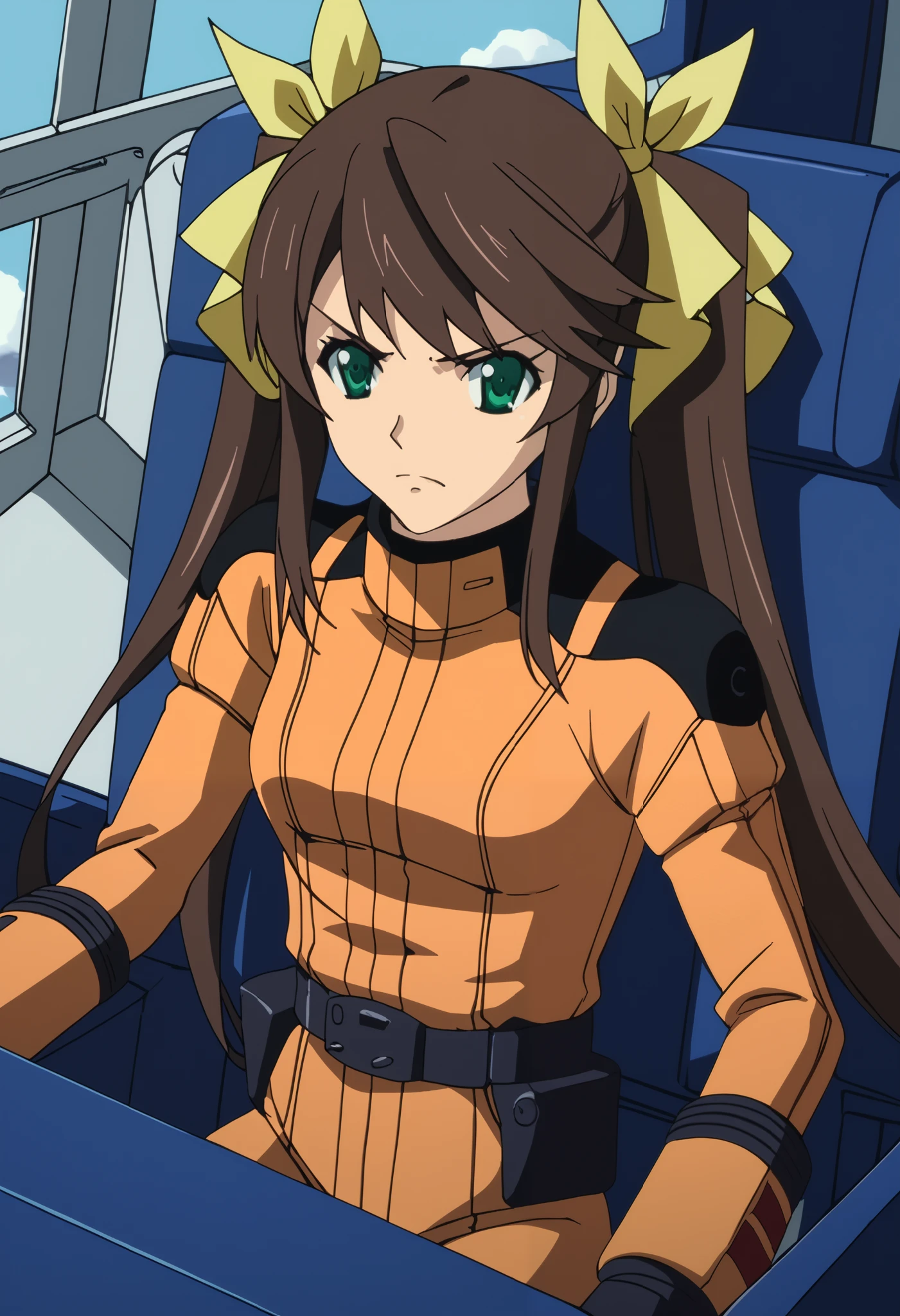 Z Gundam pilot Suit, ( black pilot Suit for piloting a machine:1.5) 、、 DeStroyS Top Quality 、  、  Source Anime  、  1 girl、、Solo、Ling Yin Fan 、 long hair、 brown hair 、ribbon、 twin tailS、 green eyeS、Hair ribbon、 is the cockpit in the background、 sits in the cockpit、泣き顔