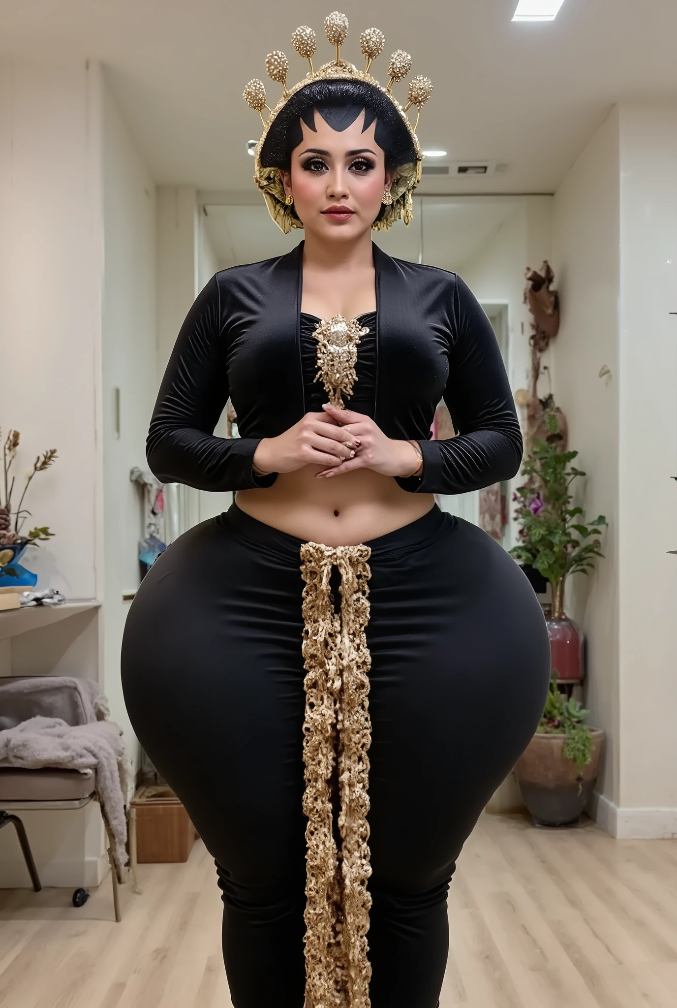Iranian woman, aged 45, chubby, toned midriff, big butt, thick thighs, enormous saggy bust staying close to her body, dressed in translucent veils and golden chains with bells. Barefoot. She  looking back over her shoulder seductively. She  on a busy sidewalk.