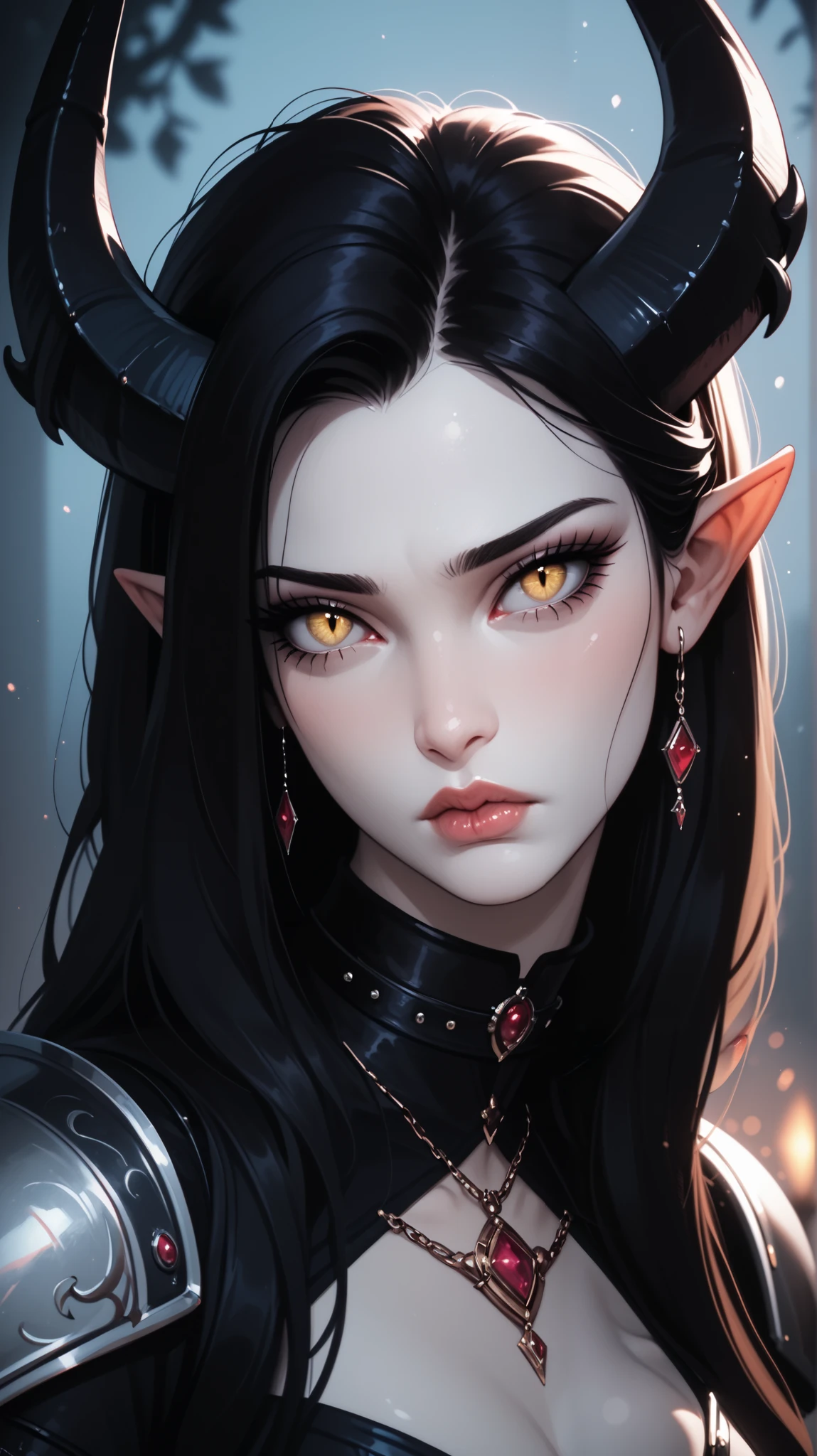 score_9, score_8_ upwards, score_7_ upwards, score_6_ upwards, score_5_ upwards, ((( beautiful , high quality))), sadness, portrait, score_9, score_8_ upwards, score_7_ upwards, black sclera , slit p upwardsils, tiefling, yellow eyes, white skin, black hair, armor, dark background , blurred background, Gothic, posing, at night, sadness, realistic natural light , big , beautiful detailed lips , long lashes , good anatomy, seductive look, big thick black horns, black clothes, collar, dark fantasy, 8 k, photorealistic