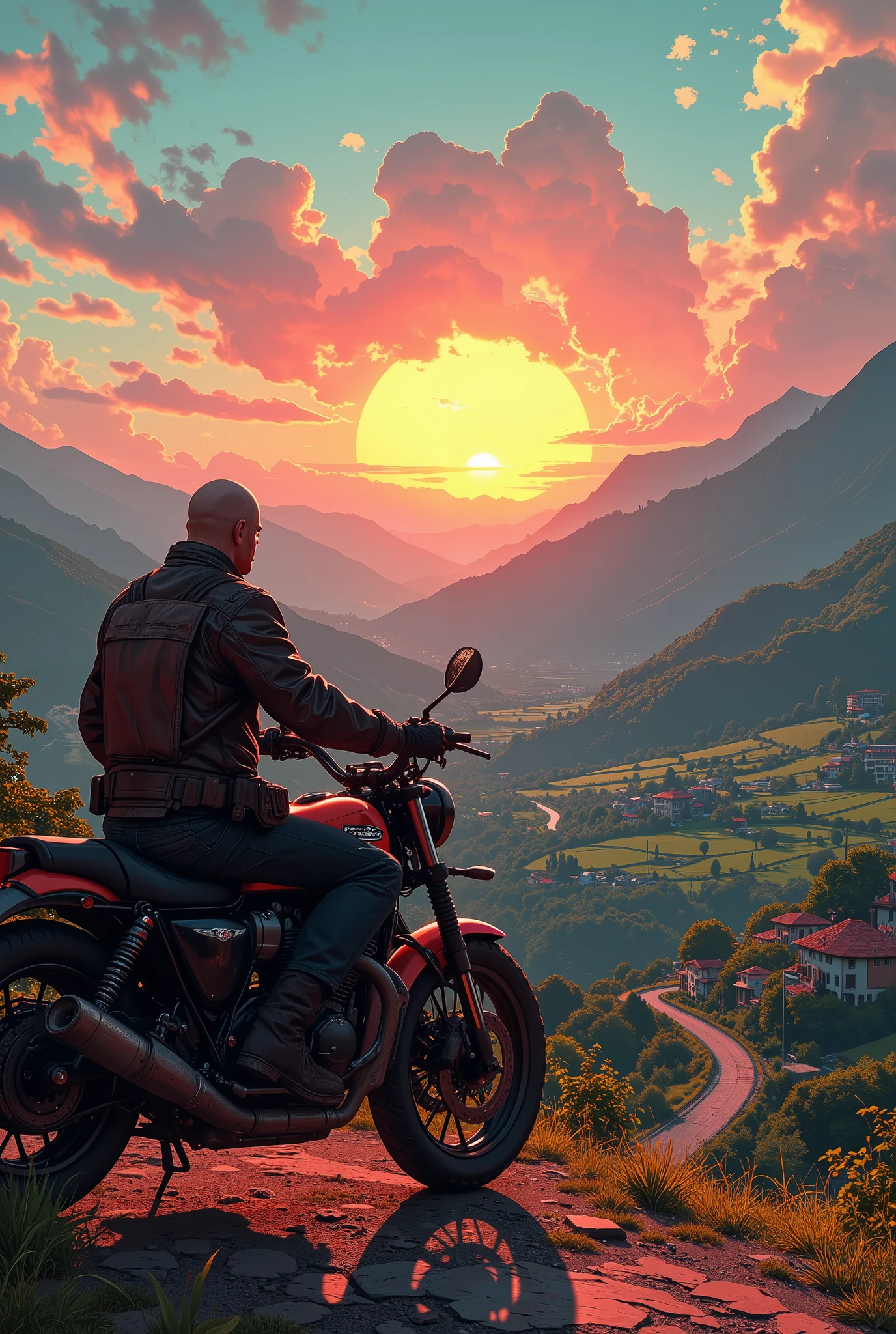Sunset. The sun is setting in the mountains.The rays of the setting sun illuminate a beautiful picturesque green valley, where you can see fields, gardens, cute colorful houses, and a winding rural road made of red stone. The sky is a beautiful azure blue color, which turns into a red sunset on the horizon. The fireball of the sun. The clouds are cumulus, voluminous, and creamy pink in hue.In the foreground is a heavy, dusty motorcycle, on which sits a tired, brutal, bearded bald biker, a 40-year-old man in worn leather clothes. The feet rest on the ground. He looks out from under the palm of his hand at a beautiful picturesque valley. The last long rays create funny highlights on the man's bald head, beautifully highlight the contour of the motorcycle.   Everything is in perspective. digital art . high detail.