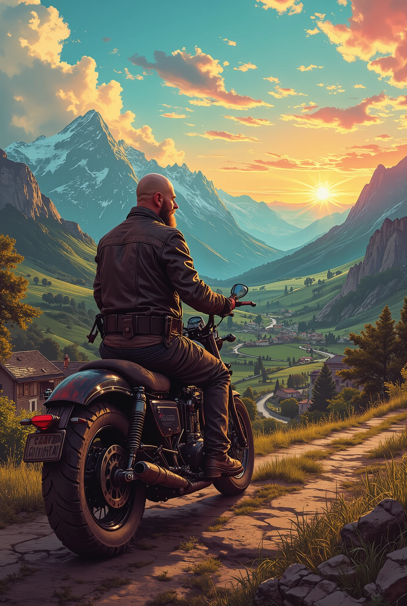 Sunset. The sun is setting in the mountains.The rays of the setting sun illuminate a beautiful picturesque green valley, where you can see fields, gardens, cute colorful houses, and a winding rural road made of red stone. The sky is a beautiful azure blue color, which turns into a red sunset on the horizon. The fireball of the sun. The clouds are cumulus, voluminous, and creamy pink in hue.In the foreground is a heavy, dusty motorcycle, on which sits a tired, brutal, bearded bald biker, a 40-year-old man in worn leather clothes. The feet rest on the ground. He looks out from under the palm of his hand at a beautiful picturesque valley. The last long rays create funny highlights on the man's bald head, beautifully highlight the contour of the motorcycle.   Everything is in perspective. digital art . high detail.