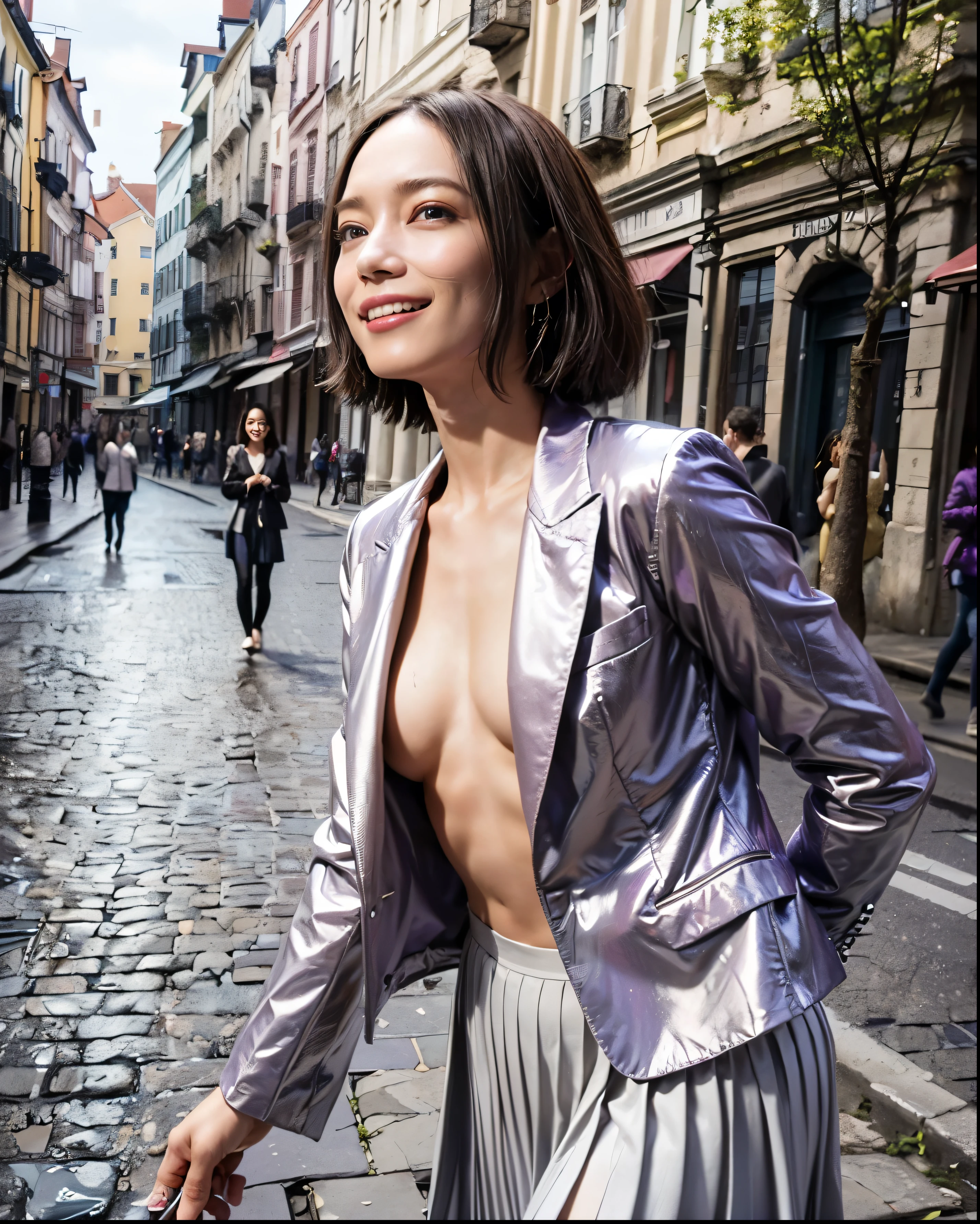 (The 8k quality, Ultra-high-resolution quality, Ultra high definition, Photorealistic, Best Quality):1.5, (​masterpiece):1.4,
(camera angle from front view):3.0,
(in the beautiful European street with spring flowers):4.0,
(depiction of taking a walk while singing):5.0,
(beautifully shaped bewitching woman):10.0,
((naked light purple tailored jacket with wearing no bra), (wearing no bra), (white long pleated skirt)):15.0,
(singing face, smiling, flushed cheeks, medium build, medium height, exposed small breasts):3.5, (forehead, short cut hair, black color hair):6.0,