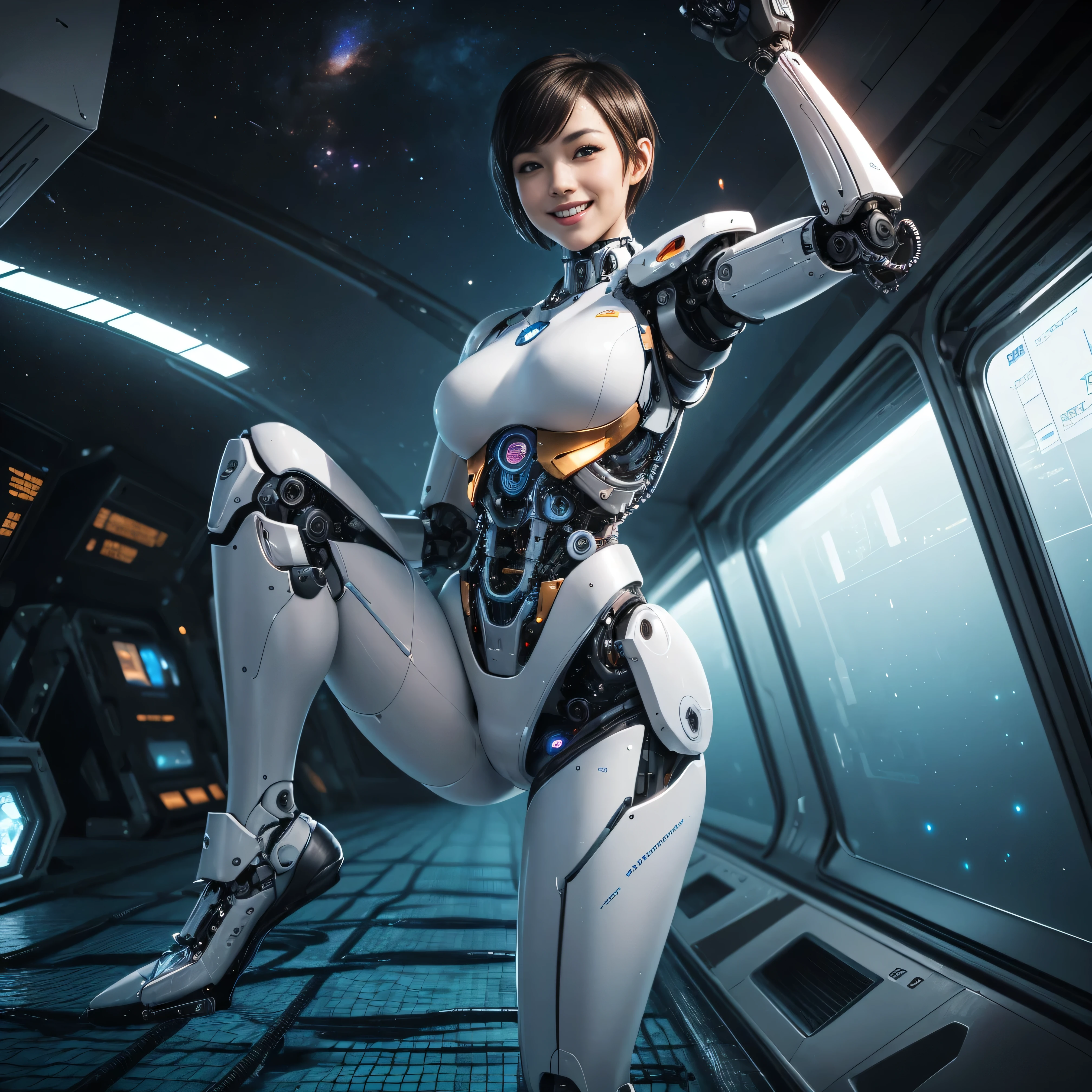 Create an ultra-realistic image depicting a young woman with a biological exoskeleton. A jovem deve possuir olhos castanhos deslumbrantes, Muscular arms and legs, e um corpo lindo e definido. O rosto da jovem deve transmitir serenidade. Create a background with a laboratory aesthetic that complements the composition. The image should capture the harmonious fusion between biotechnology and beauty, evoking a sense of innovation and elegance.
