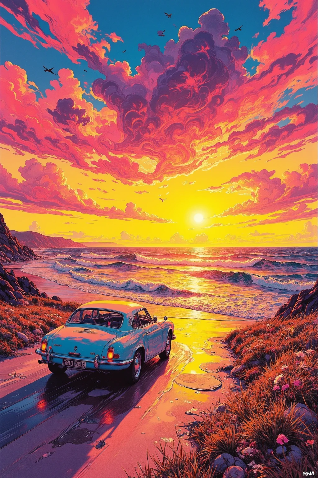  A car running towards the sunset(4WD)'s art, The roof carrier is loaded with luggage,the road continues into the sunset,Emphasize perspective ,the part close to the sunset、the farther part spreads, the sunset is reflected on the ground or water surface(Path of Light)Make,waves that clearly understand the ocean, swaying grass and flying birds,the sky is expressed in gradation、uses yellow, orange, pink, and purple,Put shadows in the clouds、I can feel it Angle it like this {x} highlight the part where the light shines in yellow, the car is arranged in a position based on the golden ratio、movement,fantastic and hallucinatory art,Highly Detailed Amazing Art,