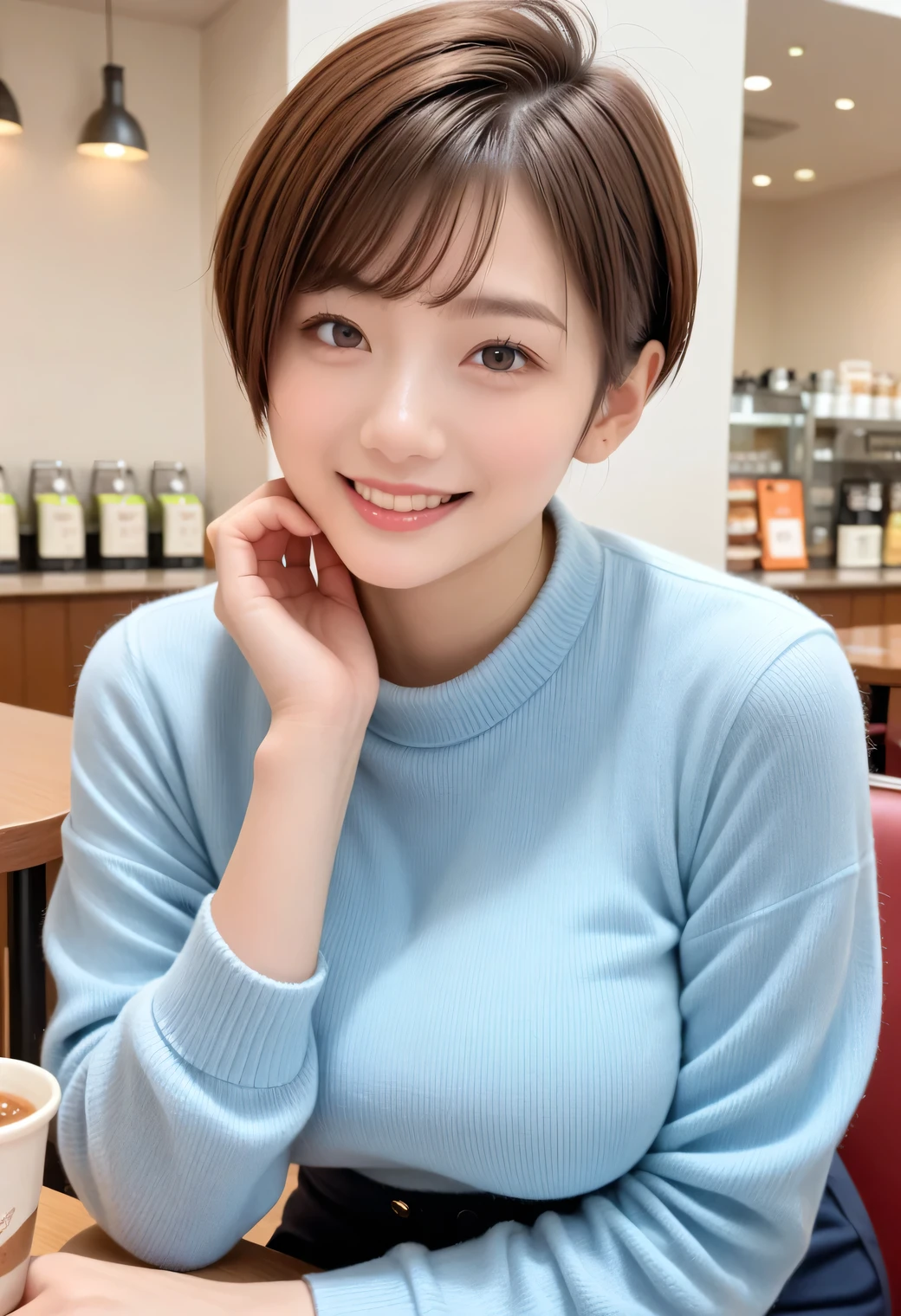 Genuine, nsfw,  high resolution images ,  Masterpiece,  top quality ,  high quality ,  very detailed,  More Information,  sharp details,  Sharp Concentration , professional light ,  alone,  1 girl,  young japanese woman, Up to , (( brown hair, pixie cut )), ((  sunburned skin  :1.1)),active,  boyish woman ,  glamour,  Bitch, small head, Small face,beautiful detailed face, (smile) , ((Blue sweater, black miniskirt)), ((Big Breasts:1.4)),  front view,  Viewer,  Perfect Hands,  perfect anatomy,((On a date,Cafe)