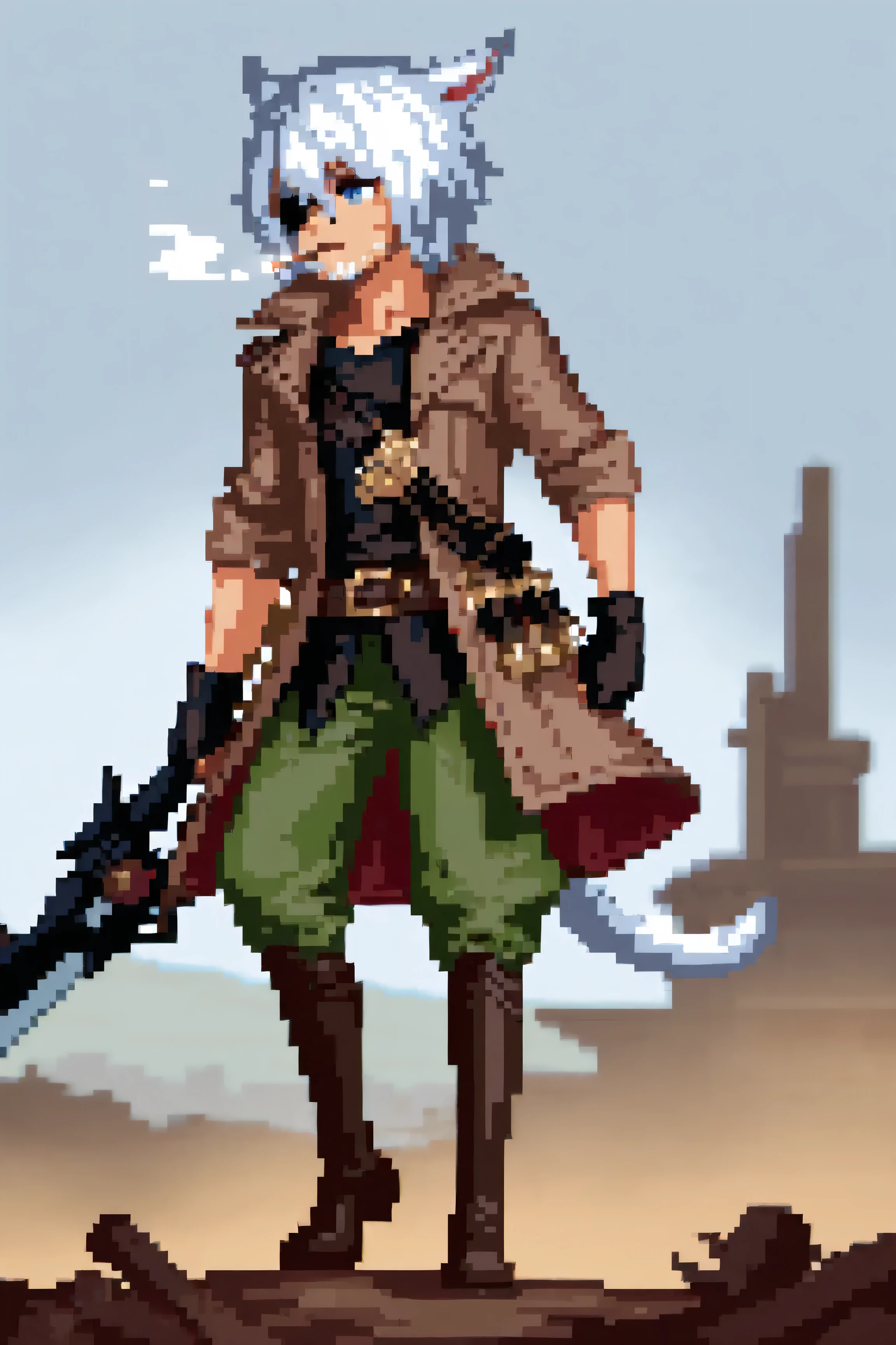 gunbreaker (final fantasy), warrior of light (ff14), final fantasy, final fantasy xiv, 1boy, animal ears, baggy pants, bandolier, battlefield, belt, black shirt, black gloves, blue eyes, boots, brown boots, brown coat, cat boy, cat ears, cat tail, cigarette, eyepatch, facial hair, fingerless gloves, gloves, gray sky, green pants, gunblade, holding, holding weapon, looking away, male focus, military boots, miqo'te, outdoors, pants, short hair, shoulder belt, simple background, smoking, solo, standing, stubble, two sided fabric, weapon, weathered clothes, white hair,