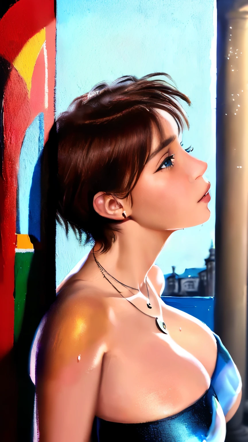 ((( Masterpiece))), (( Best Quality)), ((( transparent))),((( on the pillar : 1.5)))), ((Raised )), (Photoreal Stick:1.2), Beautiful Areola , Detailed , ((Detailed description)), (((Juice wet )), ( Beautiful and delicate eyes ), (illustration), ( Profile ), absurd, (( ultra-realistic nose )), No extra manpower , (Perfect Hands) , ((oil painting style: 1.5)), mature woman , mature woman , Slim , illustrated, a girl, (( Big Breasts (Same)), Brown hair , short hair, Blue Eyes , Cutting, lady , necklace, (a lot of :0.5)), in hotel, bedroom, Detailed background, Bucky black eyes , seductive eyes , Seductive smile , dynamic pose , ( arm behind the head ), ( pay attention to the audience ), from the front,
