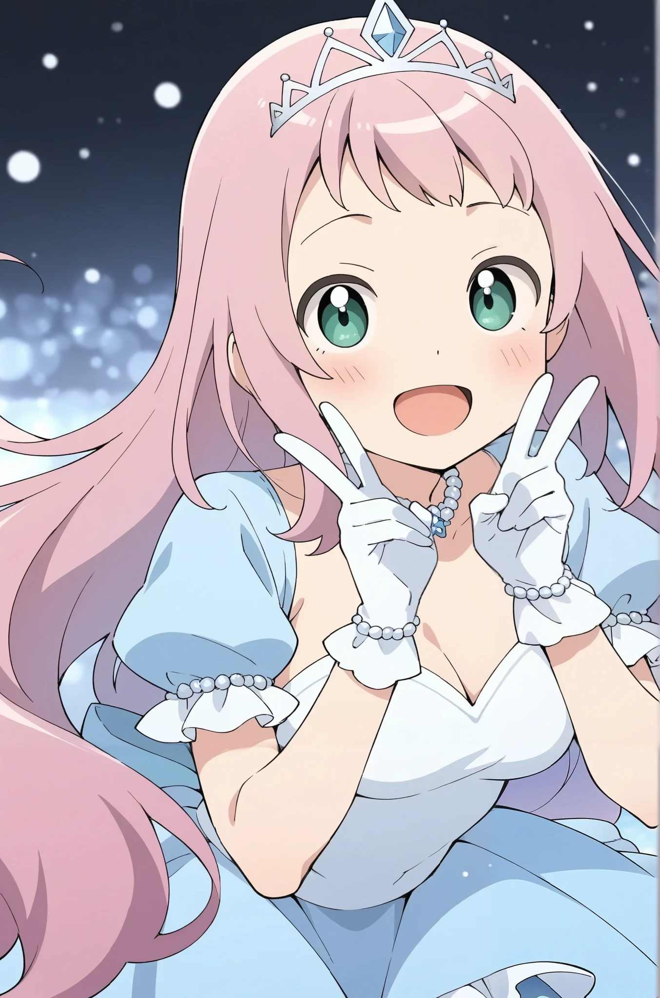 1girl, {{{shiratoya nae}}}, {{{pink hair}}}, {{{green eyes}}}, {{{long hair}}}, {{{purple hair}}}, {{{{medium breasts}}}}, {{{smile}}}, {{{solo}}}, {{{{masterpiece}}}}, {{{best quality}}}, {{{high quality}}}, {{{princess costume}}}, {{{{{puff sleeve}}}}}, {{{princess}}}, {{{frilled dress}}}, {{{cinderella (cosplay)}}}, {{{short sleeves}}}, {{{cinderella}}}, star princess, {{{{{blue dress}}}}}, {{{tiara}}}, {{{}}}, {{{white puff sleeve}}}, peace sign, princess gloves, white princess gloves, short sleeves, {{{blush}}}, {{{beautiful hands}}}, {{{{{beautiful finger}}}}}, 