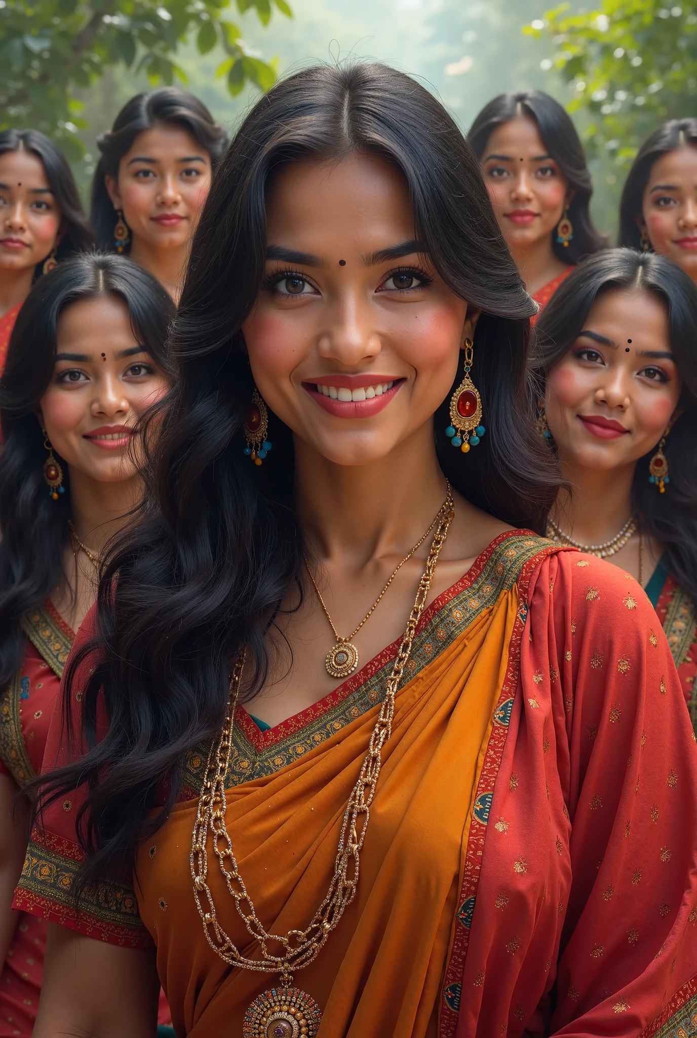 Indian girl, white skin , very beautiful, wearing red silky saree , only blouse of saree and ghaghara and surrounding by old muslim men wearing green clothes and white religious cap their face are smiling, girl expression smiling 