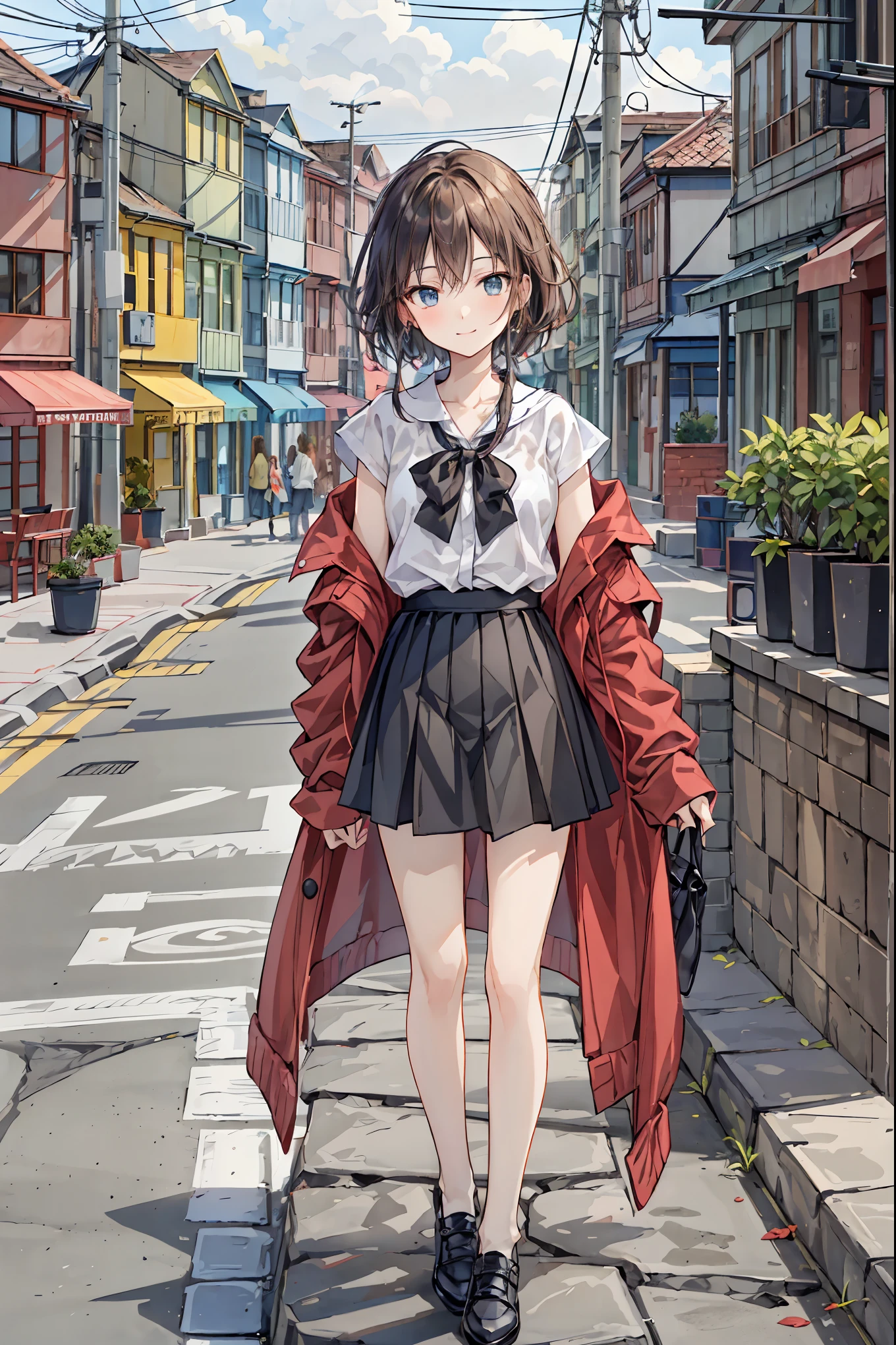 ( original photo , 最 high quality), (Practical, photoPractical: 1.2), (round face: 1), , Outdoor selfie, ( High Detail Skin : 1.2), ( has swollen eyes ), ( Under the eyes ), smile, clavicle, my whole body on the horse in the carriage, Brown and black straight hair, pure black pleated skirt, soft lighting , high quality, cityscape , skyline, night , rain, wet, professional lighting, photon mapping , radiosity, physics-based rendering , Hair, shortcuts, unkempt hair with an opening,Short braided hair,Neat, slender beautiful woman, correct posture,Small chest, beautiful legs, enchanting gray-blue eyes shine like stars, droopy eyes , bright colors, beautiful eyes,繊細なsmile,Textured Skin, Best Quality at its Best , gentle and beautiful woman , anime style、
