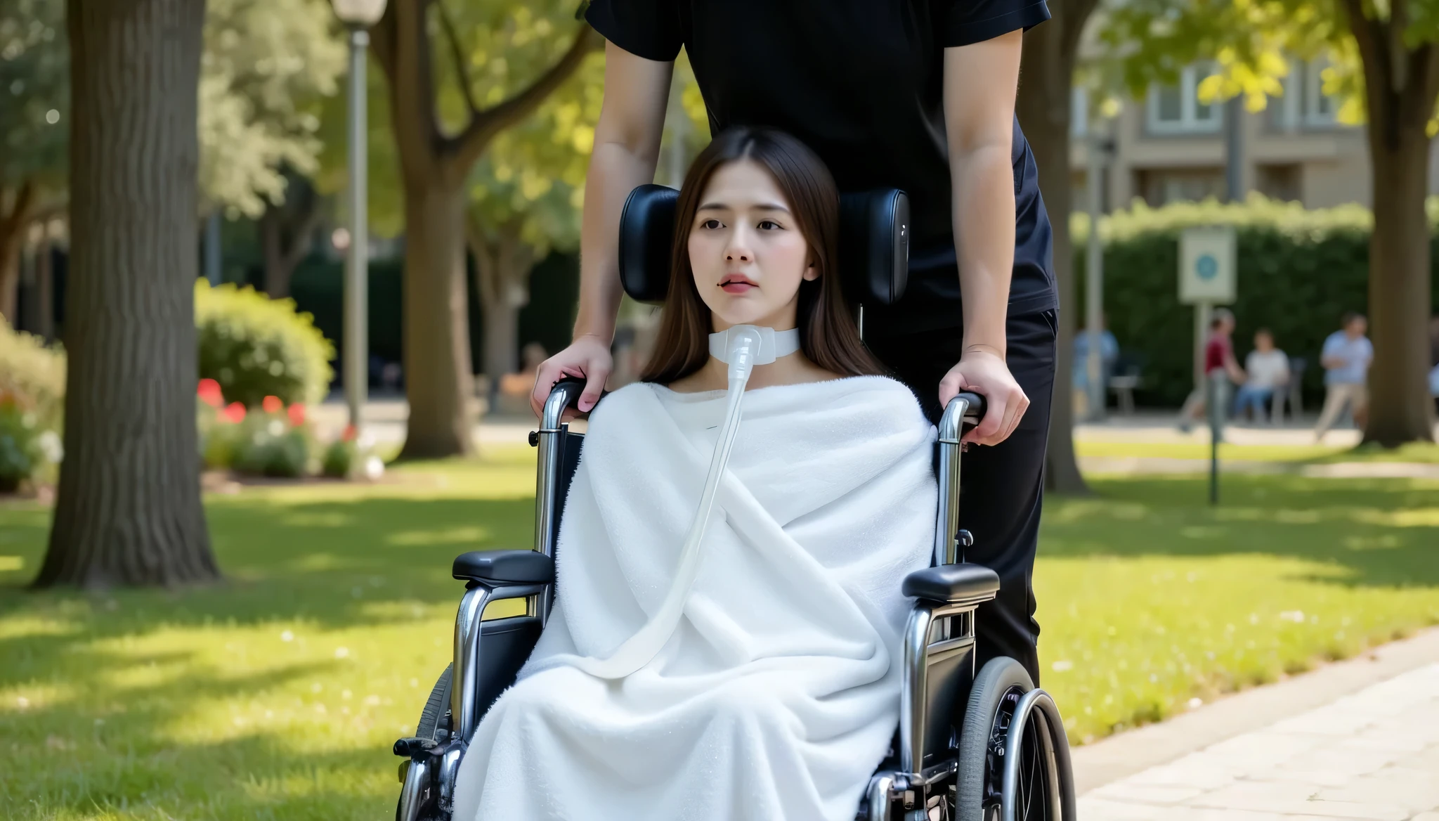 "A young woman, paralyzed and dependent on a ventilator, as indicated by the breathing tube attached to her neck, is seated in a reclining wheelchair with a supportive headrest. She is dressed in a long skirt, and her entire body from neck to feet is wrapped in a white towel, giving her a serene and protected appearance. Her arms and hands rest gently on her lap, portraying a posture of tranquility. She is in a public park, surrounded by the natural beauty of lush greenery and flowers, with sunlight filtering through the trees. Her boyfriend, showing care and attentiveness, pushes her wheelchair along a path, creating a scene of loving support and quiet strength amidst the peaceful outdoor setting."