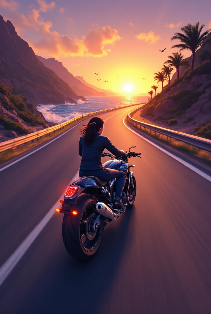{{A ((dynamic and atmospheric)) depiction of {((a motorcyclist cruising along a winding coastal road at sunset, with waves crashing against the cliffs below))}} with {((the wind tousling their hair, the glow of the setting sun reflecting off the bike’s sleek surface, and a trail of light in their wake))}. This is a {((semi-realistic digital illustration))}-inspired image that showcases {((the serenity and excitement of an adventure on two wheels))}. The environment/background should be {((a coastal highway, with palm trees swaying, birds soaring, and the ocean shimmering under the golden light of dusk))} to create an {((inviting and picturesque atmosphere))}. The image should be in the style of a {((detailed concept art piece))}, incorporating elements of {((Studio Ghibli’s soft gradients, Pascal Campion’s emotive lighting, and the dreamy aesthetics of ArtStation travel illustrations))}. The {((wide-angle, third-person perspective))} shot, captured with a {((35mm lens))}, will provide a {((broad and sweeping view of the road ahead, with the motorcyclist centered in the composition))}. The lighting should be {((soft and diffused, blending warm orange and deep violet hues into the sky))}, emphasizing {((gentle reflections on the road and subtle highlights on the bike’s bodywork))}. The desired level of detail is {((high-definition with painterly textures))} with a {((8K resolution))}, highlighting {((the fine mist from the ocean waves, the subtle motion blur of the spinning wheels, and the rippling fabric of the rider’s jacket))}. The goal is to create a {((heartfelt and visually captivating))} image that immerses viewers in {((the peaceful yet exhilarating experience of a coastal motorcycle journey))}.