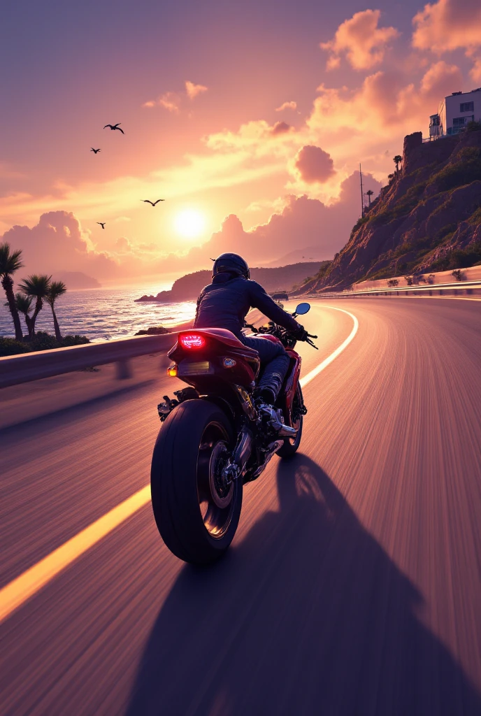 {{A ((dynamic and atmospheric)) depiction of {((a motorcyclist cruising along a winding coastal road at sunset, with waves crashing against the cliffs below))}} with {((the wind tousling their hair, the glow of the setting sun reflecting off the bike’s sleek surface, and a trail of light in their wake))}. This is a {((semi-realistic digital illustration))}-inspired image that showcases {((the serenity and excitement of an adventure on two wheels))}. The environment/background should be {((a coastal highway, with palm trees swaying, birds soaring, and the ocean shimmering under the golden light of dusk))} to create an {((inviting and picturesque atmosphere))}. The image should be in the style of a {((detailed concept art piece))}, incorporating elements of {((Studio Ghibli’s soft gradients, Pascal Campion’s emotive lighting, and the dreamy aesthetics of ArtStation travel illustrations))}. The {((wide-angle, third-person perspective))} shot, captured with a {((35mm lens))}, will provide a {((broad and sweeping view of the road ahead, with the motorcyclist centered in the composition))}. The lighting should be {((soft and diffused, blending warm orange and deep violet hues into the sky))}, emphasizing {((gentle reflections on the road and subtle highlights on the bike’s bodywork))}. The desired level of detail is {((high-definition with painterly textures))} with a {((8K resolution))}, highlighting {((the fine mist from the ocean waves, the subtle motion blur of the spinning wheels, and the rippling fabric of the rider’s jacket))}. The goal is to create a {((heartfelt and visually captivating))} image that immerses viewers in {((the peaceful yet exhilarating experience of a coastal motorcycle journey))}.