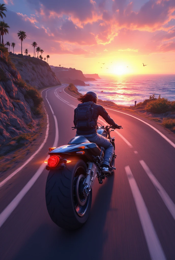 {{A ((dynamic and atmospheric)) depiction of {((a motorcyclist cruising along a winding coastal road at sunset, with waves crashing against the cliffs below))}} with {((the wind tousling their hair, the glow of the setting sun reflecting off the bike’s sleek surface, and a trail of light in their wake))}. This is a {((semi-realistic digital illustration))}-inspired image that showcases {((the serenity and excitement of an adventure on two wheels))}. The environment/background should be {((a coastal highway, with palm trees swaying, birds soaring, and the ocean shimmering under the golden light of dusk))} to create an {((inviting and picturesque atmosphere))}. The image should be in the style of a {((detailed concept art piece))}, incorporating elements of {((Studio Ghibli’s soft gradients, Pascal Campion’s emotive lighting, and the dreamy aesthetics of ArtStation travel illustrations))}. The {((wide-angle, third-person perspective))} shot, captured with a {((35mm lens))}, will provide a {((broad and sweeping view of the road ahead, with the motorcyclist centered in the composition))}. The lighting should be {((soft and diffused, blending warm orange and deep violet hues into the sky))}, emphasizing {((gentle reflections on the road and subtle highlights on the bike’s bodywork))}. The desired level of detail is {((high-definition with painterly textures))} with a {((8K resolution))}, highlighting {((the fine mist from the ocean waves, the subtle motion blur of the spinning wheels, and the rippling fabric of the rider’s jacket))}. The goal is to create a {((heartfelt and visually captivating))} image that immerses viewers in {((the peaceful yet exhilarating experience of a coastal motorcycle journey))}.