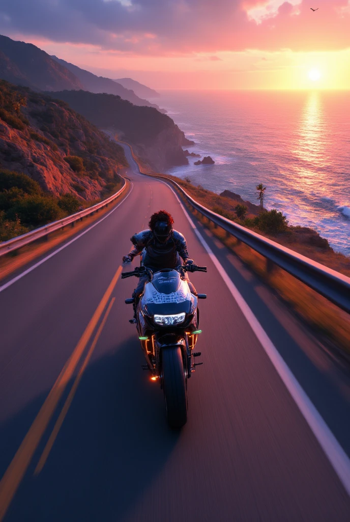 {{A ((dynamic and atmospheric)) depiction of {((a motorcyclist cruising along a winding coastal road at sunset, with waves crashing against the cliffs below))}} with {((the wind tousling their hair, the glow of the setting sun reflecting off the bike’s sleek surface, and a trail of light in their wake))}. This is a {((semi-realistic digital illustration))}-inspired image that showcases {((the serenity and excitement of an adventure on two wheels))}. The environment/background should be {((a coastal highway, with palm trees swaying, birds soaring, and the ocean shimmering under the golden light of dusk))} to create an {((inviting and picturesque atmosphere))}. The image should be in the style of a {((detailed concept art piece))}, incorporating elements of {((Studio Ghibli’s soft gradients, Pascal Campion’s emotive lighting, and the dreamy aesthetics of ArtStation travel illustrations))}. The {((wide-angle, third-person perspective))} shot, captured with a {((35mm lens))}, will provide a {((broad and sweeping view of the road ahead, with the motorcyclist centered in the composition))}. The lighting should be {((soft and diffused, blending warm orange and deep violet hues into the sky))}, emphasizing {((gentle reflections on the road and subtle highlights on the bike’s bodywork))}. The desired level of detail is {((high-definition with painterly textures))} with a {((8K resolution))}, highlighting {((the fine mist from the ocean waves, the subtle motion blur of the spinning wheels, and the rippling fabric of the rider’s jacket))}. The goal is to create a {((heartfelt and visually captivating))} image that immerses viewers in {((the peaceful yet exhilarating experience of a coastal motorcycle journey))}.