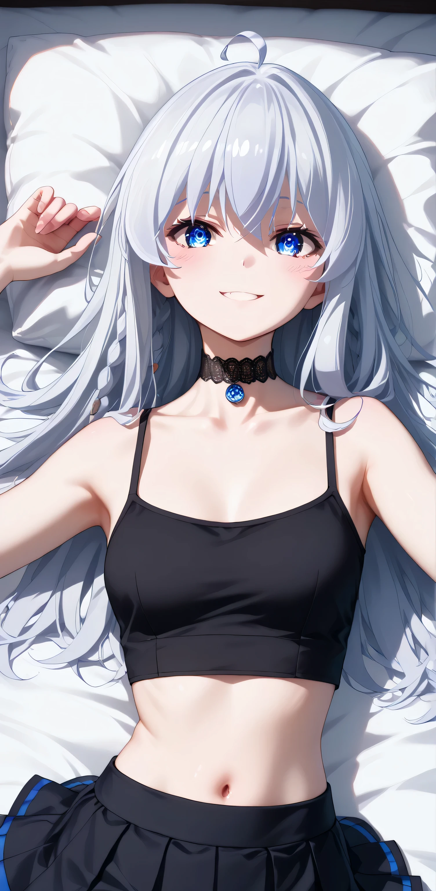 upper body, elaina, anime style, Random Sexy pose , ((Ultra detailing)), (very aesthetic, best quality, ultra detailed), intricate details,
1girl, silver hair, blue eyes,((Detailed eyes)), ((Beautifull eyes)), ((prefect eyes)), sharp jawline, long hair, cute smile, Blush , ((Black Spaghetti strap, crop top overhang, choker, mini Skirts, stocking)), laying down on bed