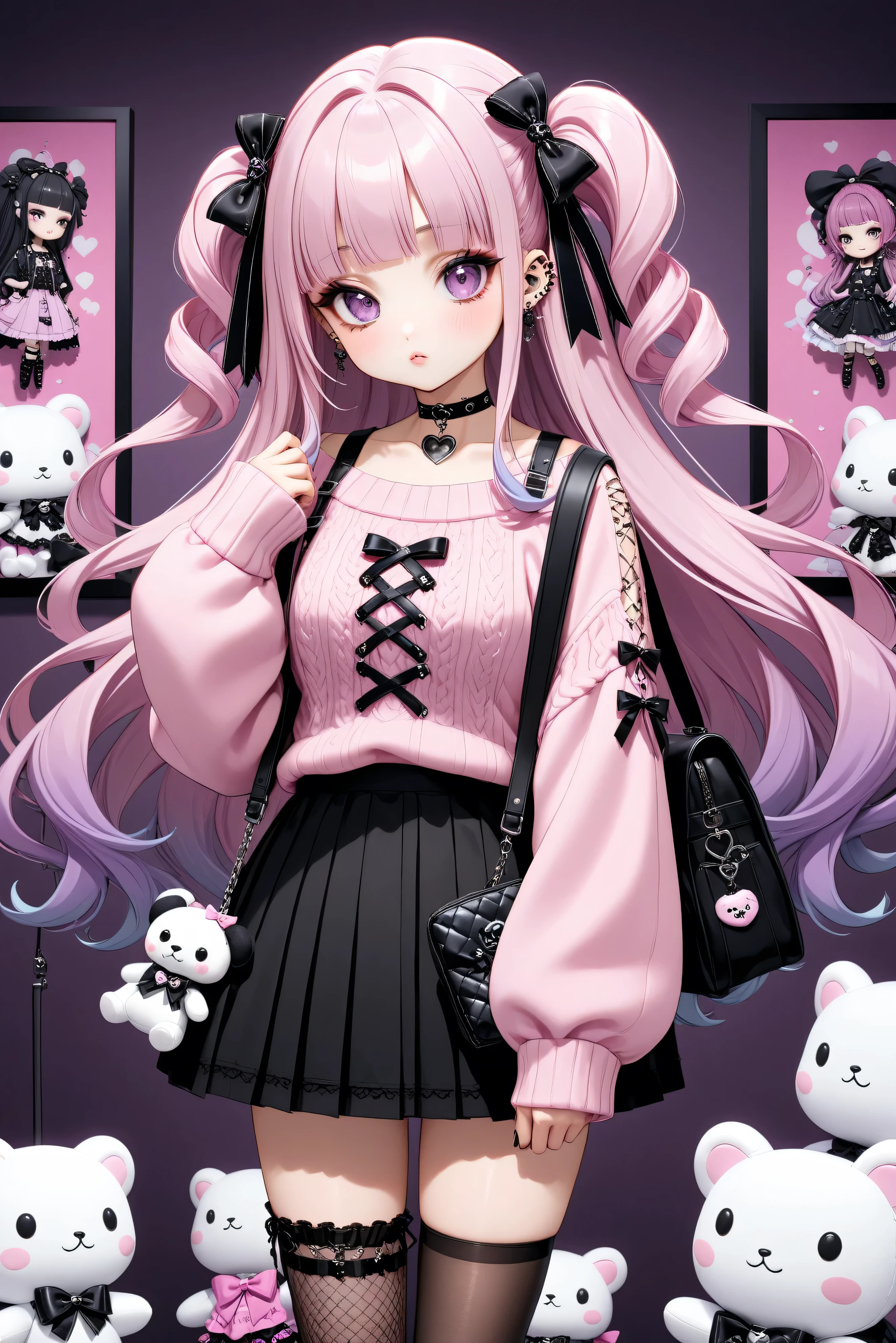 A young girl with a Jirai-kei (edgy/gothic Harajuku) fashion style, featuring long, She has large, She wears a frilly, oversized sweater with lace details, a short pleated skirt, and thigh-high stockings with ribbons. Her accessories include multiple piercings, a choker, and plush keychains hanging from her bag. The background is a soft pink aesthetic room with plushies and posters.gradient hair color