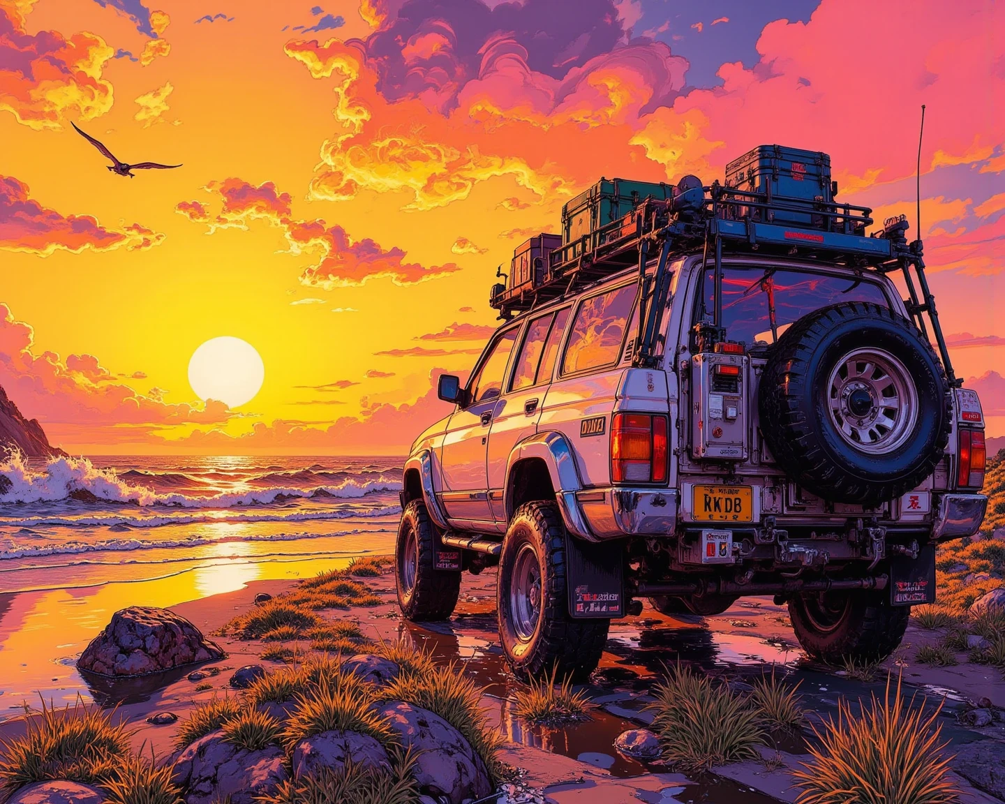  A car running towards the sunset(4WD)'s art, The roof carrier is loaded with luggage,the road continues into the sunset,Emphasize perspective ,the part close to the sunset、the farther part spreads, the sunset is reflected on the ground or water surface(Path of Light)Make,waves that clearly understand the ocean, swaying grass and flying birds,the sky is expressed in gradation、uses yellow, orange, pink, and purple,Put shadows in the clouds、I can feel it Angle it like this {x} highlight the part where the light shines in yellow, the car is arranged in a position based on the golden ratio、movement,fantastic and hallucinatory art,Highly Detailed Amazing Art,