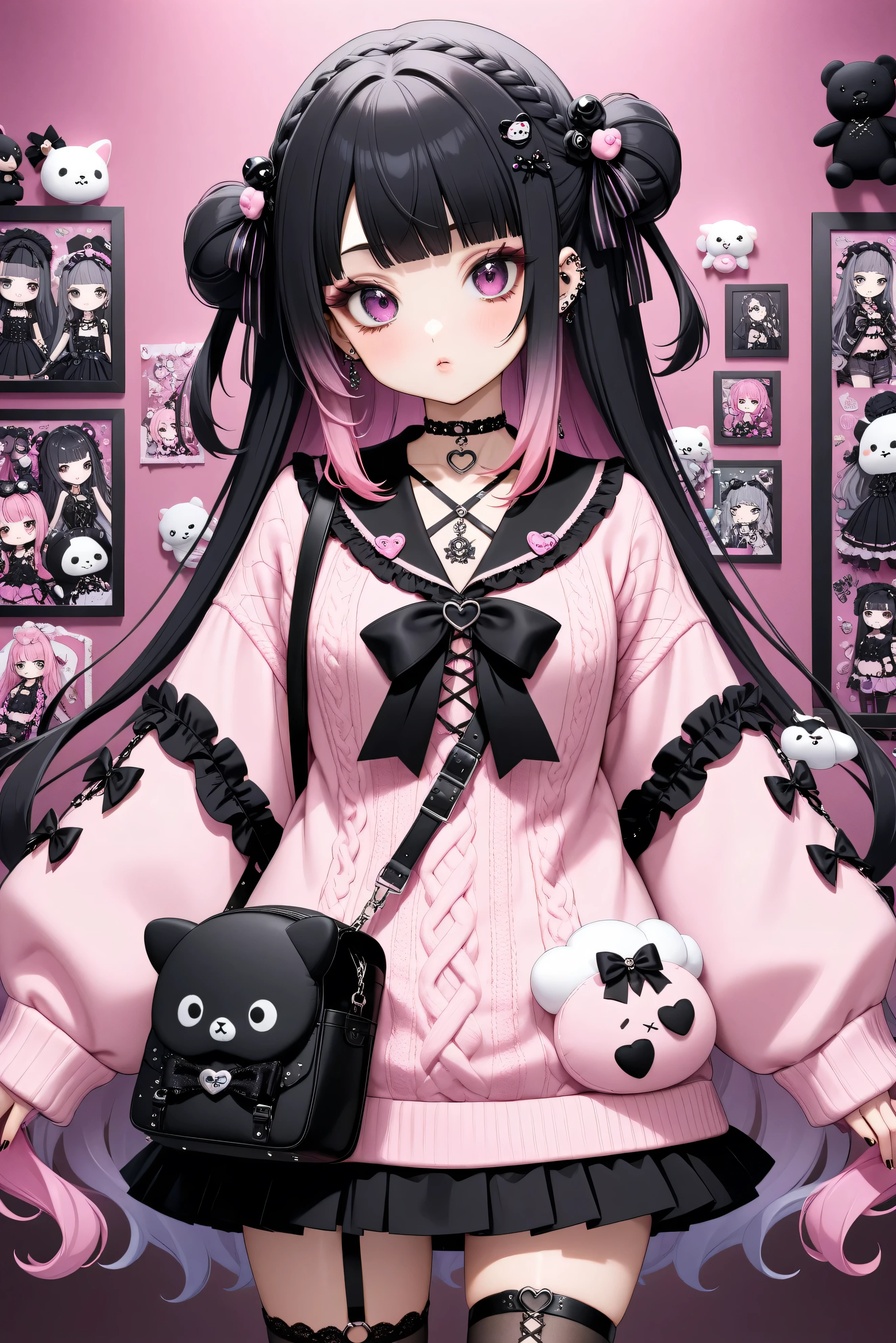 A young girl with a Jirai-kei (edgy/gothic Harajuku) fashion style, featuring long, She has large, She wears a frilly, oversized sweater with lace details, a short pleated skirt, and thigh-high stockings with ribbons. Her accessories include multiple piercings, a choker, and plush keychains hanging from her bag. The background is a soft pink aesthetic room with plushies and posters.gradient hair color、Lots of pink mesh on black hair