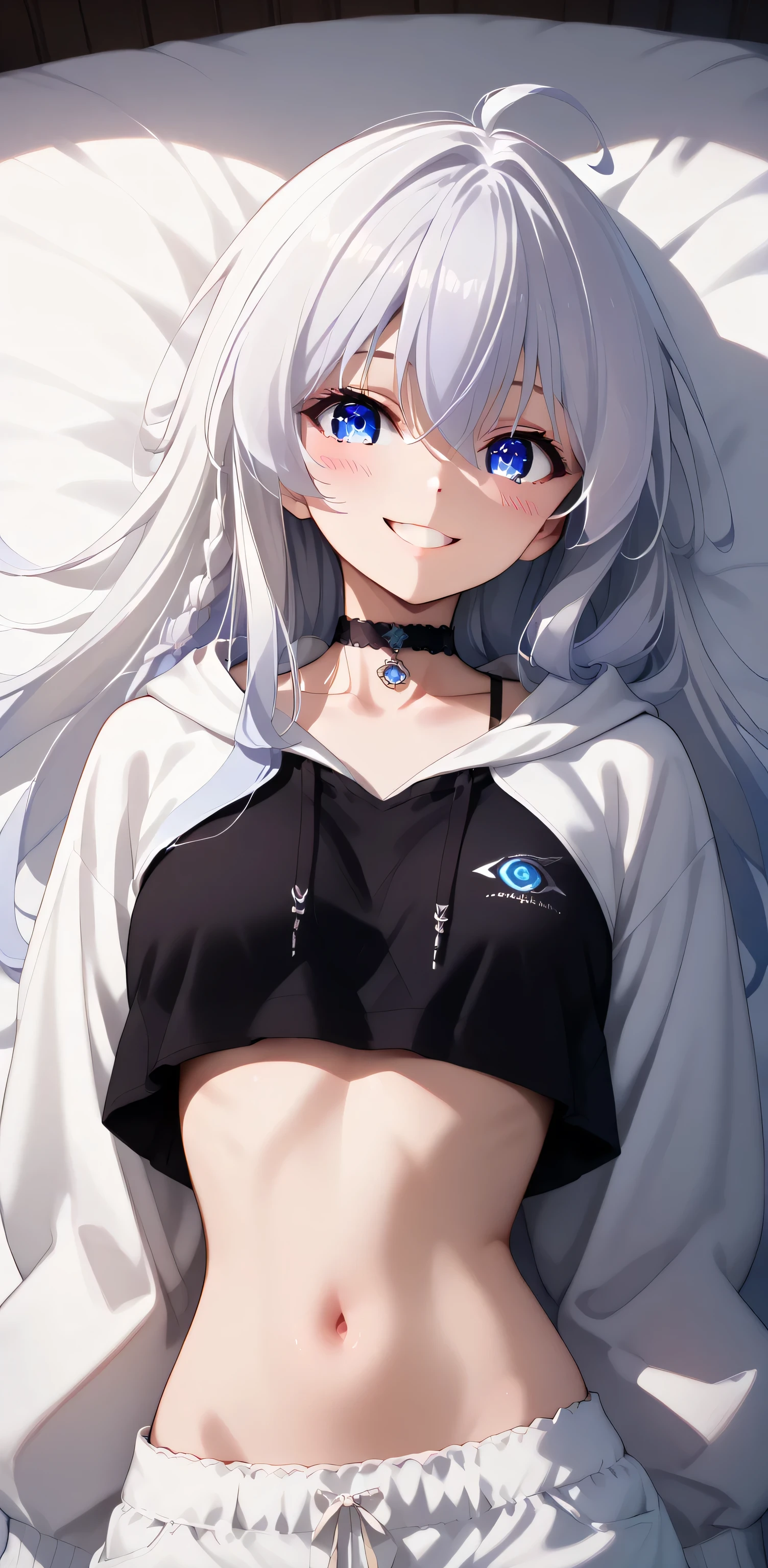 upper body, elaina, anime style, Random Sexy pose , ((Ultra detailing)), (very aesthetic, best quality, ultra detailed), intricate details,
1girl, silver hair, blue eyes,((Detailed eyes)), ((Beautifull eyes)), ((prefect eyes)), sharp jawline, long hair, cute smile, Blush , ((Black Spaghetti strap, crop top overhang, choker, bloomer)), laying down on bed