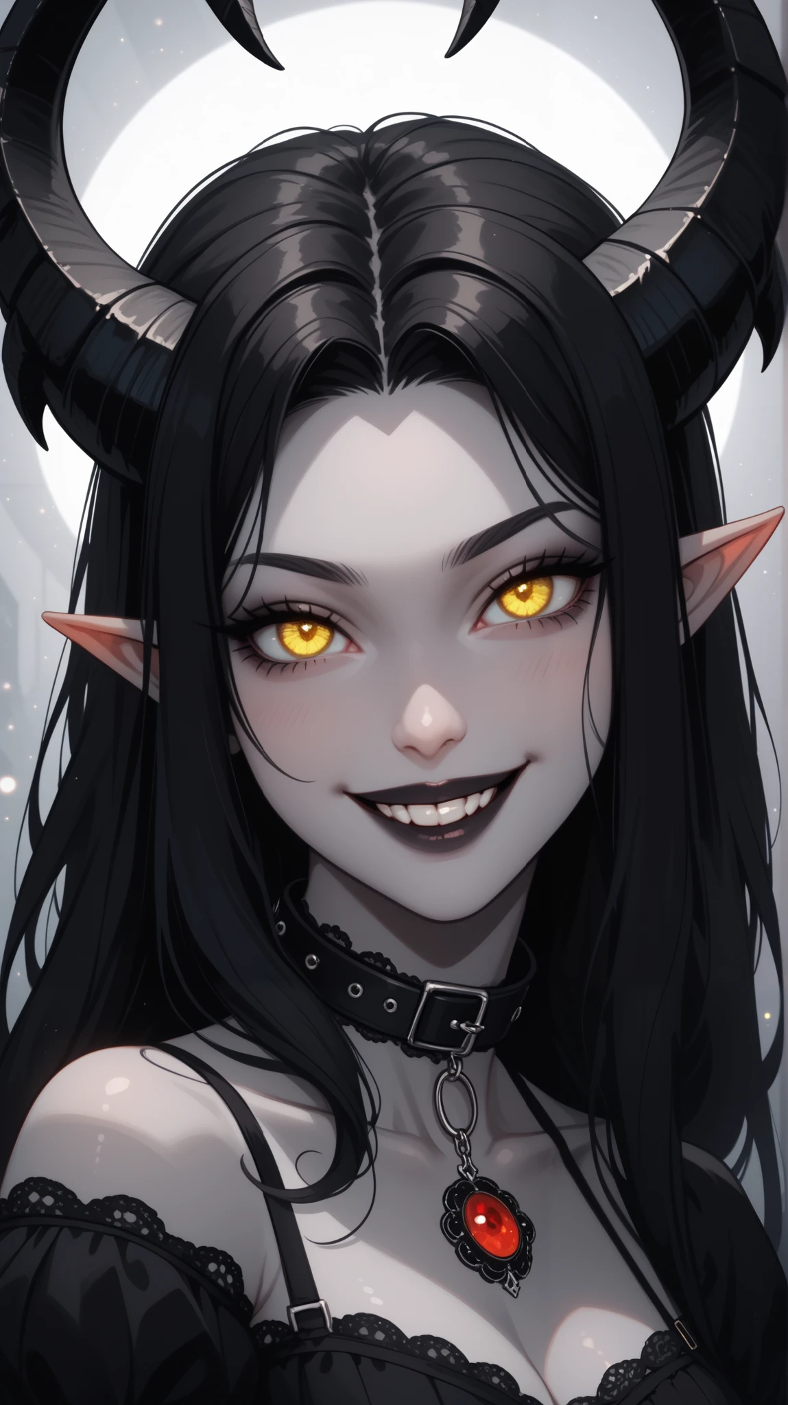  tiefling,  sexy pla neckline ,gray skin,  cute face,  big black curved horns, score_9, score_8_ upwards, score_7_ upwards, score_6_ upwards,  1girl,  g4n1m3, gothic high-quality,  looks at the audience, ( black long hair ,   Expressive yellow eyes :0.7,  glowing yellow eyes ),  seductive eyes ,  smile, collar, ((sfw)), gothic clothing ,  focus on face , (grind your teeth ), (devious  smile, cunning eyes) gothic background 
