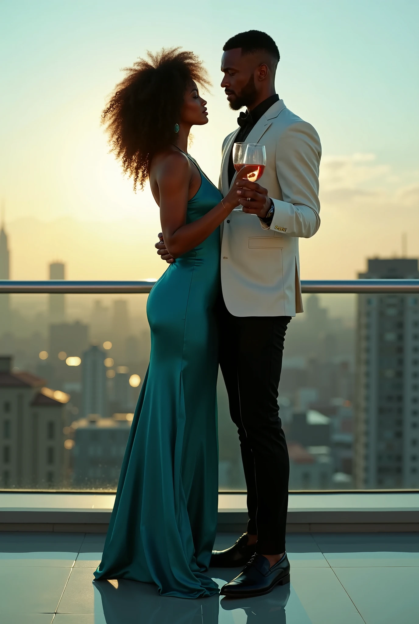 Henry Cavill with a black woman, interracial couple, romantic couple, on the terrace of the building  