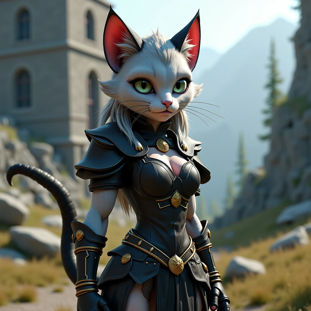 An anthropomorphic cat wearing Monster Hunter&#39;s hunting gear。With elaborate armor、Holding a large sword with a sharp blade、Looks ready to hunt。The cat stares ahead with sharp eyes.、Standing brave and proud。Armor is、The shine of the metal and the texture of the leather are expressed realistically.、It has a Monster Hunter-specific decoration.。In the background、Rugged Mountain々A dense forest spreads out、There is a dangerous atmosphere with the shadows of monsters flickering around.。Clouds are floating in the sky、The image of a hunter cat standing out, ready for battle.