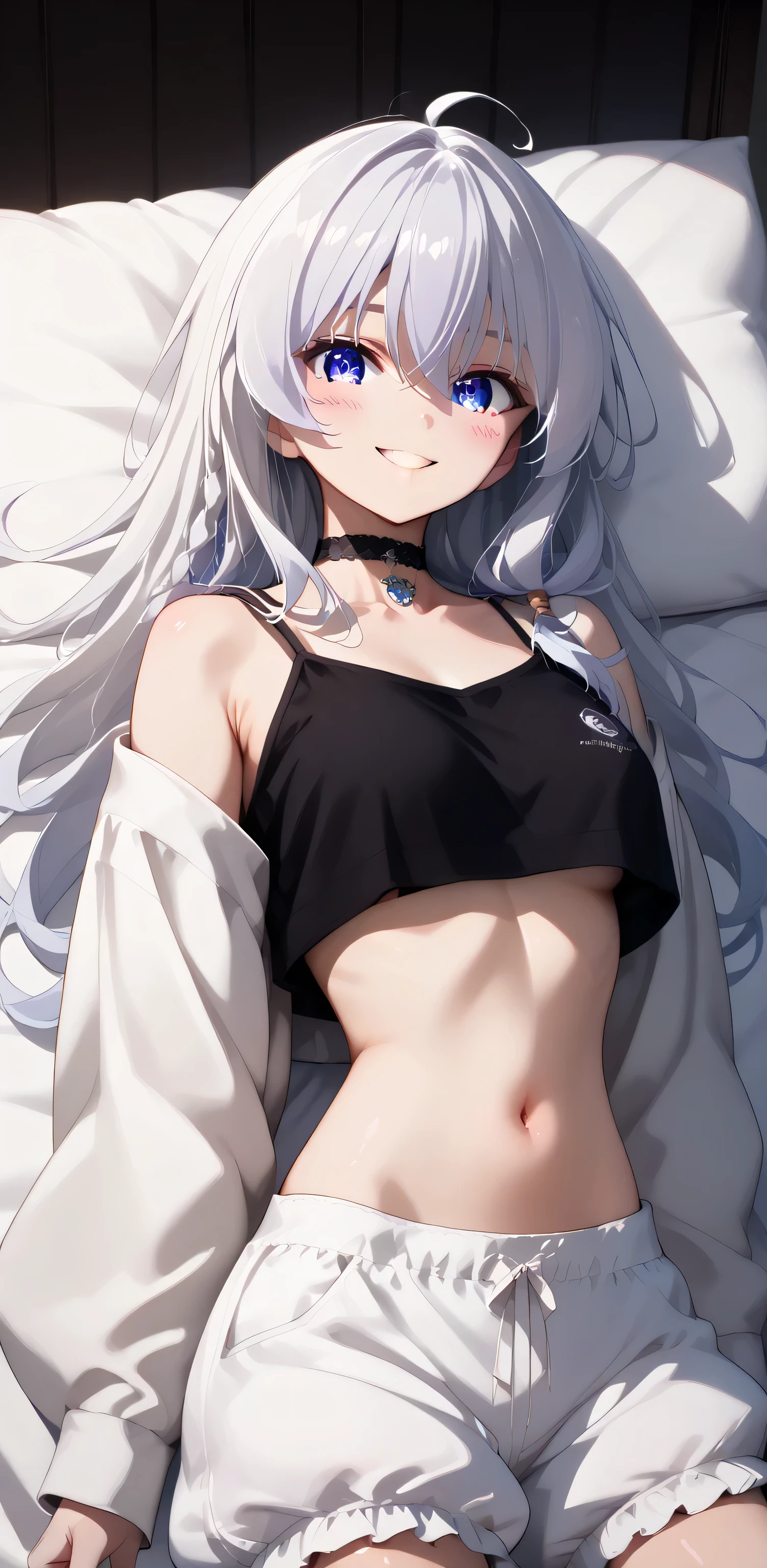 upper body, elaina, anime style, Random Sexy pose , ((Ultra detailing)), (very aesthetic, best quality, ultra detailed), intricate details,
1girl, silver hair, blue eyes,((Detailed eyes)), ((Beautifull eyes)), ((prefect eyes)), sharp jawline, long hair, cute smile, Blush , ((Black Spaghetti strap, crop top overhang, choker, bloomer)), laying down on bed